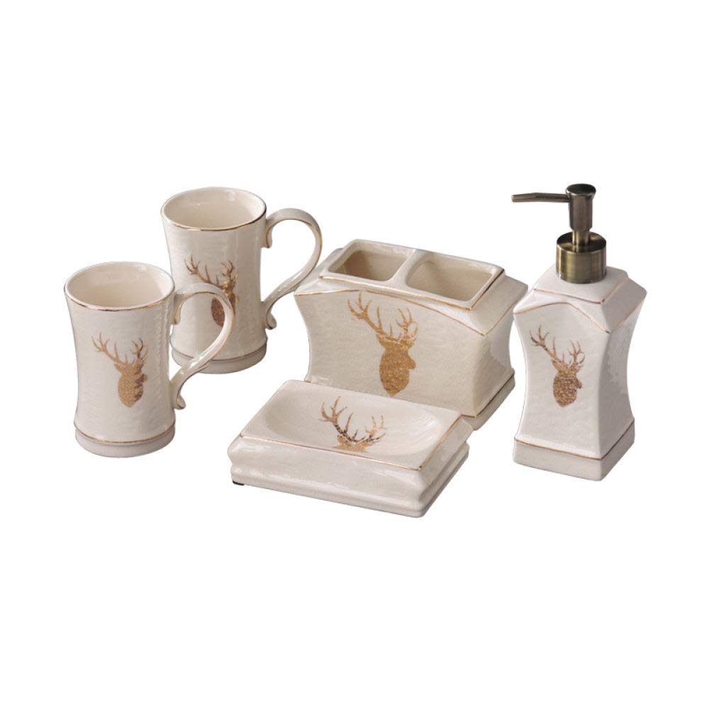 Vintage Ceramic Bathroom Accessories Set - 5 Piece Golden Elk White Soap Dispenser, 2 Toothbrush Holders, Soap Dish & Toothbrush Cup | Elegant Vanity Decor for Home, Hotel & Spa Countertops | Perfect for Modern, Farmhouse & Luxury Bathroom Design