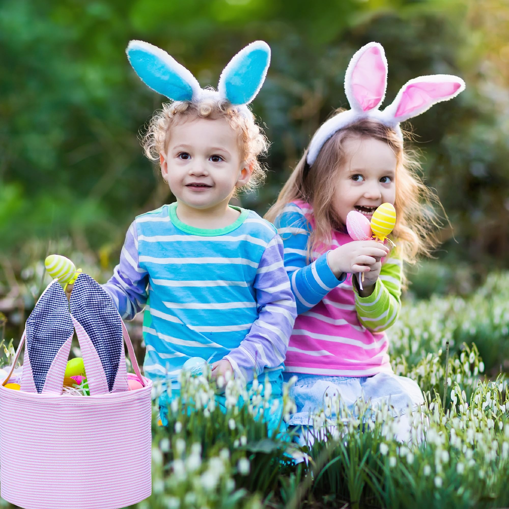 Personalized Easter Bunny Basket - Seersucker Egg Candy Bag with Fluffy Tail for Kids (Pink) - Perfect for Easter Egg Hunts, Party Favors & Spring Gift Giving