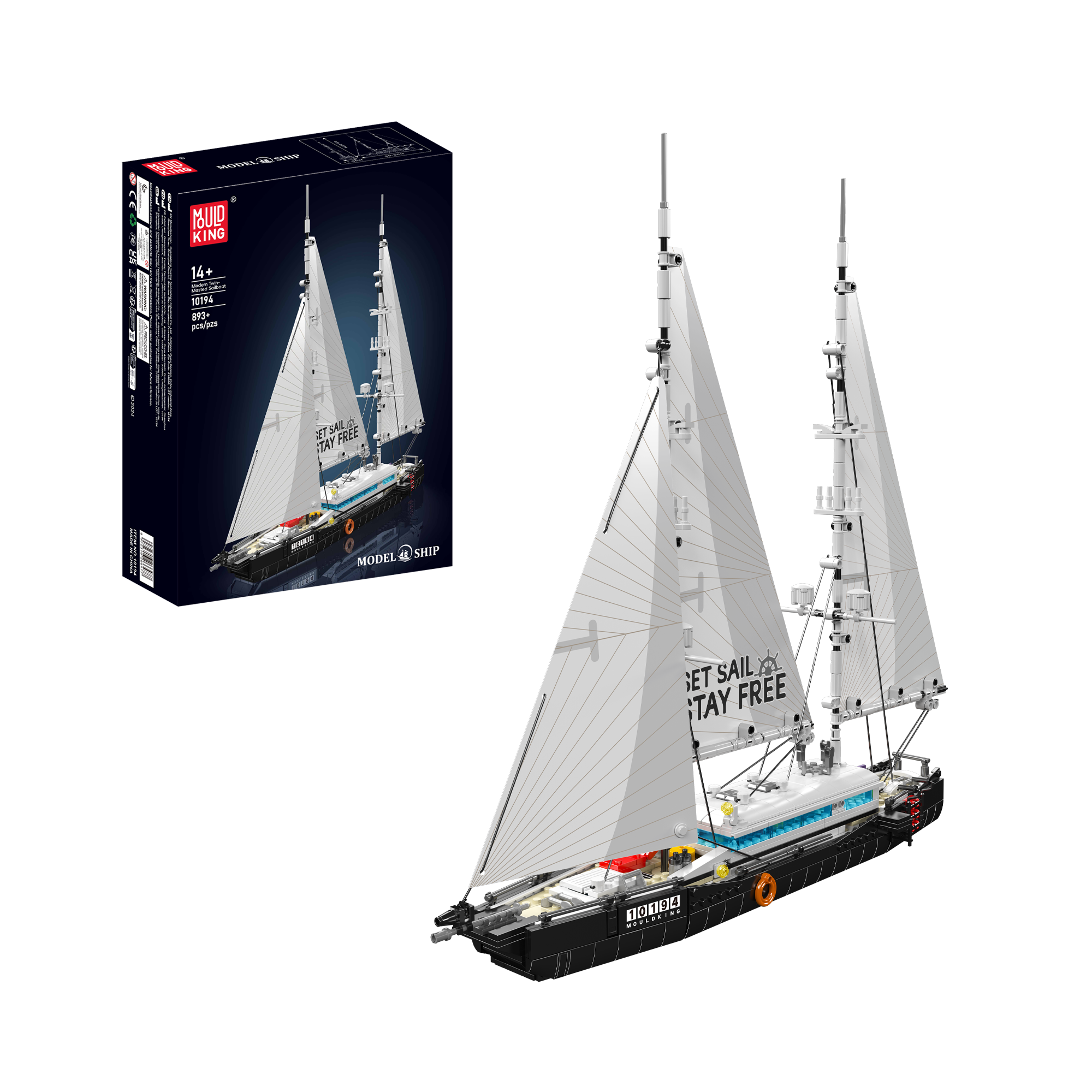 Mould King 10194 Modern Two Mast Sailing Yacht Building Set - 893 Piece Model Ship Kit for Adults & Teens | Perfect for Home Decoration, Collectors & DIY Enthusiasts