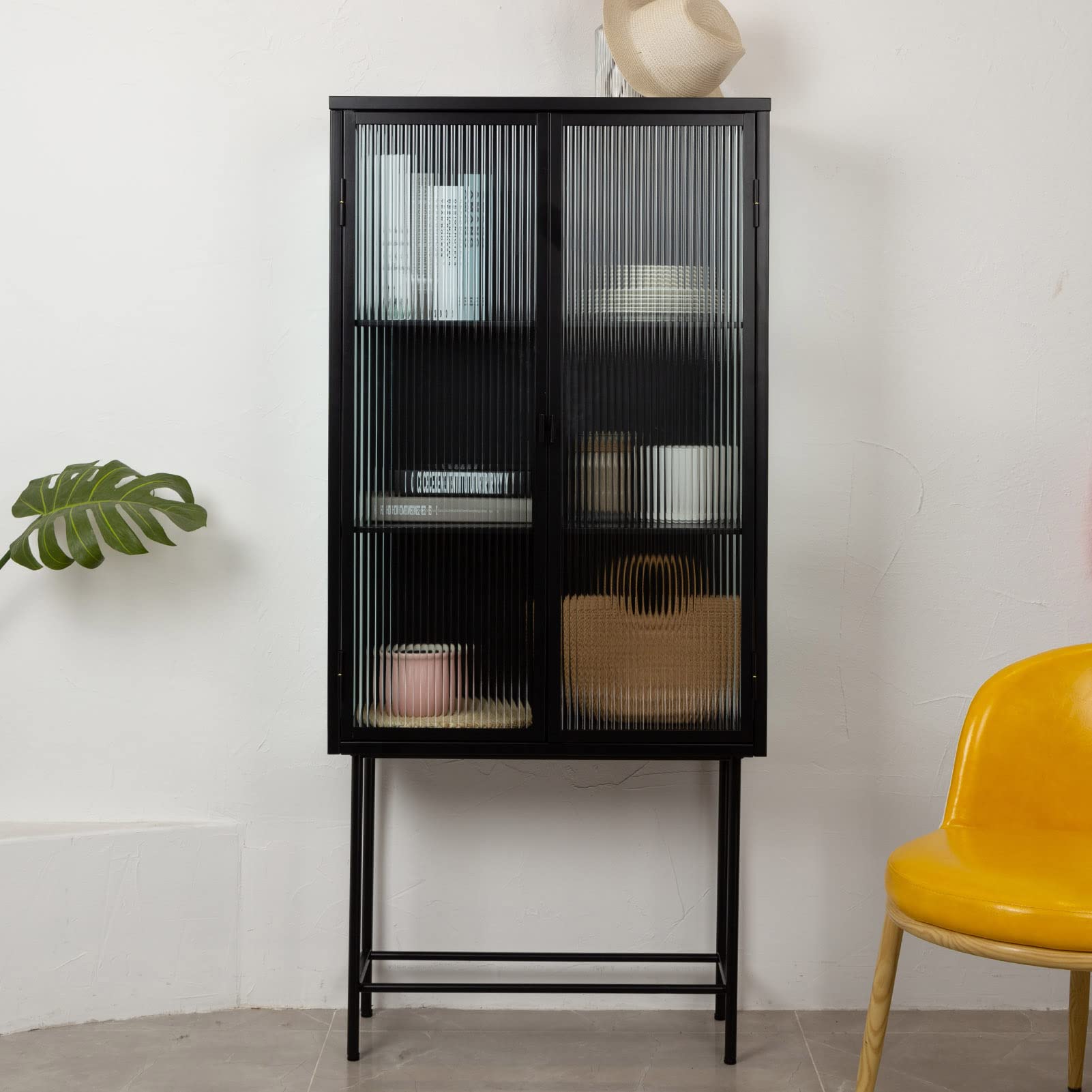 Double Door High Corner Display Cabinet with Fluted Glass & 3 Adjustable Shelves - Retro Storage Sideboard for Entryway, Kitchen, Living Room, Dining Room | Perfect for Showcasing Collectibles & Home Decor (Black)