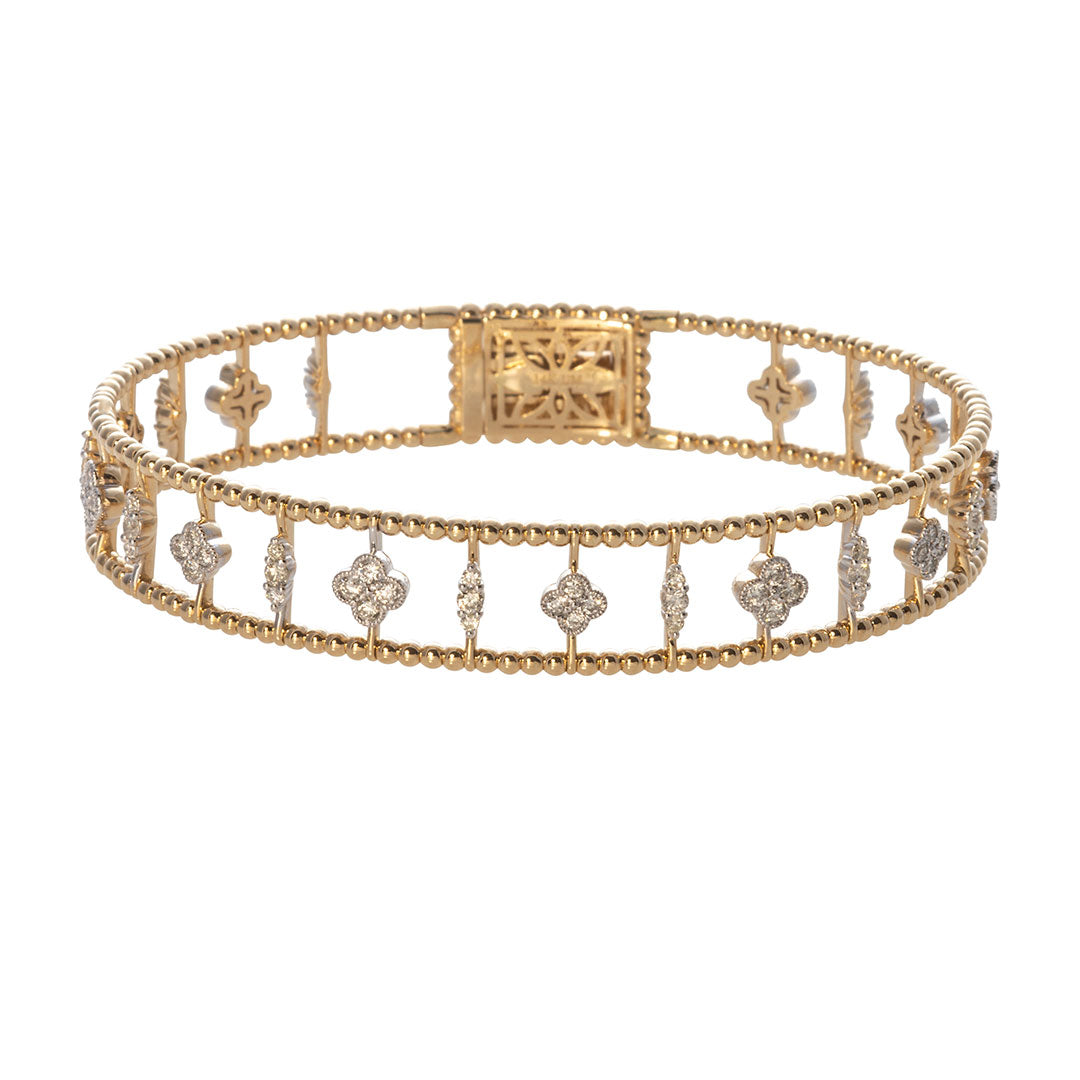 14K Yellow Gold Diamond Quatrefoil Beaded Cuff Bangle Bracelet for Women - Elegant Jewelry Gift for Anniversary, Wedding & Special Occasions