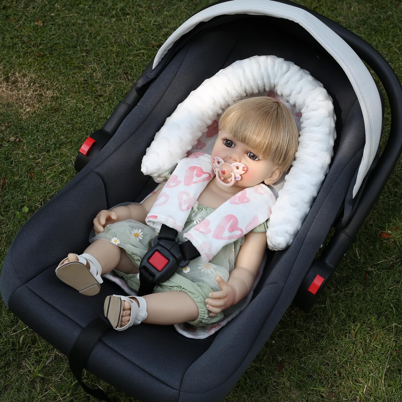 Baby Car Seat Head Support Cushion & Strap Cover - Soft Minky Infant Headrest for Newborns | Car Seat, Stroller & Bouncer Accessories | Pink Love Design for Girls | Perfect for Travel, Shopping & Daily Outings
