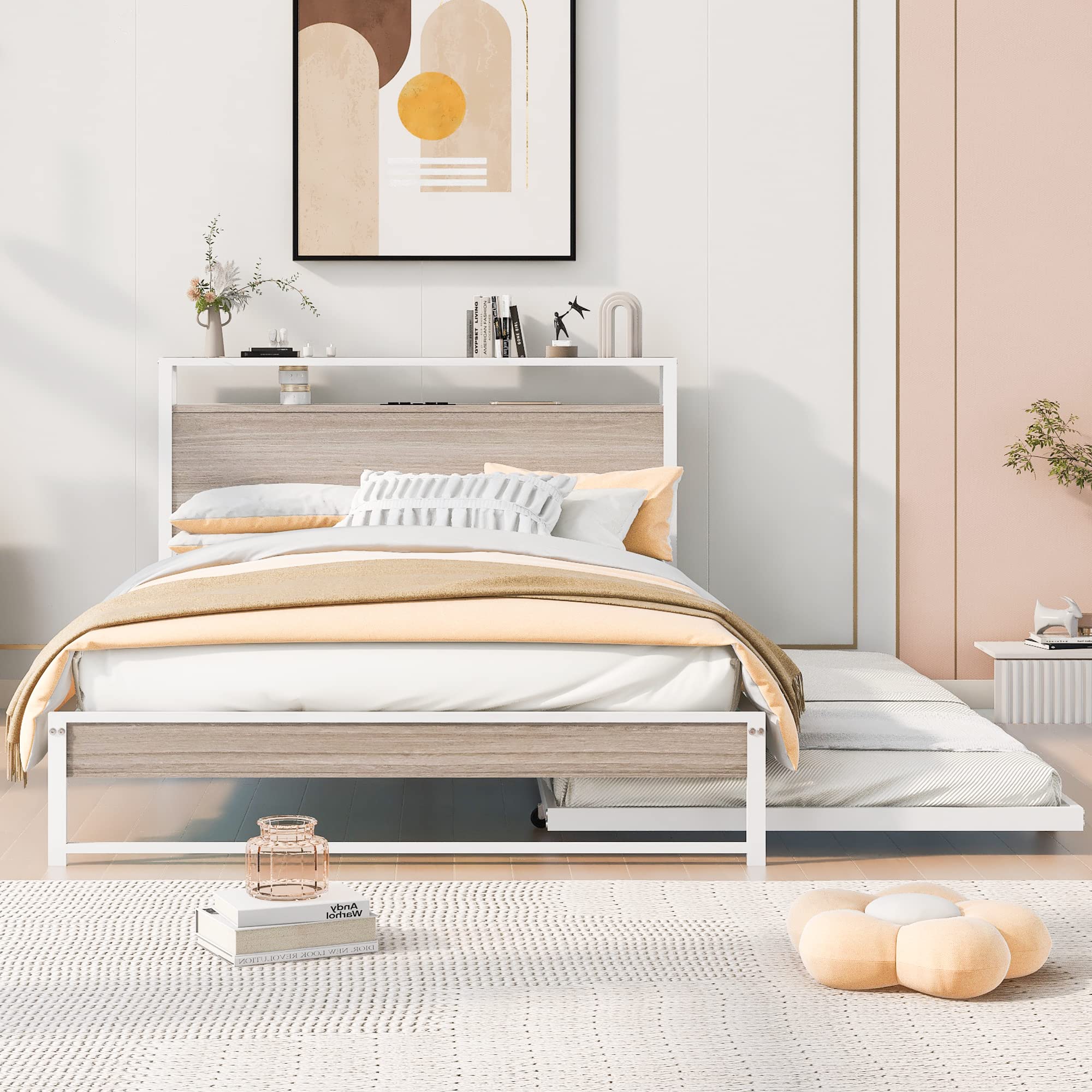 Full Size Metal Platform Bed Frame with Trundle & USB Ports - Wooden Storage Headboard, Metal Panel Bed with Shelf - Sturdy Bedroom & Guest Room Furniture (White) - Perfect for Small Spaces, Dorm Rooms & Modern Home Decor