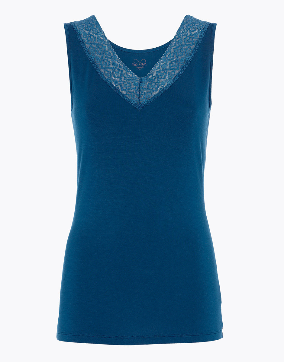 Women's Viscose Spaghetti Strap Camisole with Lace Trim - Soft & Comfortable Blue Sleeveless Top for Summer, Casual Wear, and Layering