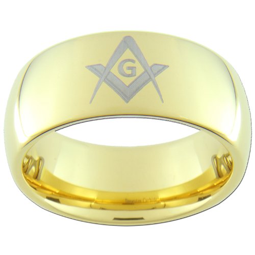 9mm Gold Tungsten Carbide Masonic Master Mason Square & Compass Ring - Custom Sizes 5-15 (Full & Half) - Durable Wedding Band, Gift for Freemasons, Symbolic Brotherhood Jewelry