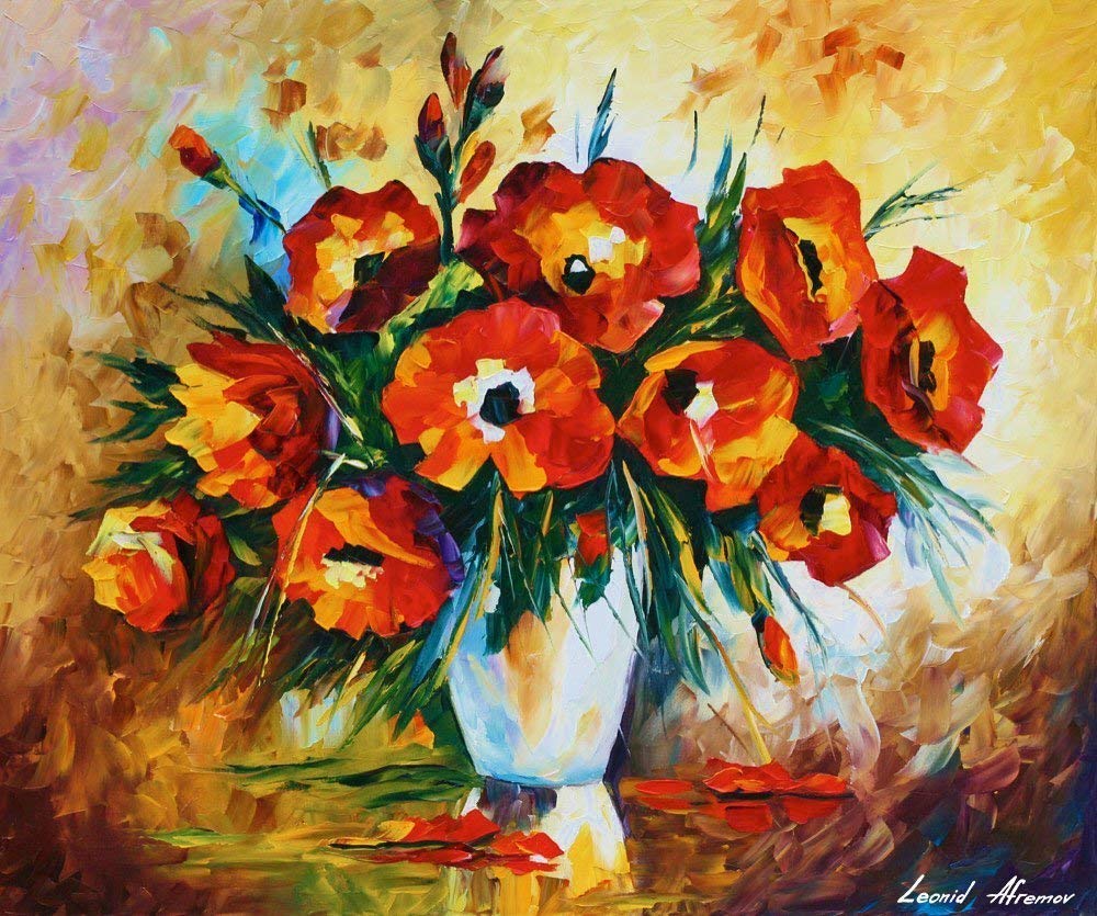 Leonid Afremov Studio Hand-Painted Red Flowers Oil Painting on Canvas - Vibrant Floral Wall Art for Living Room, Bedroom & Office Decor