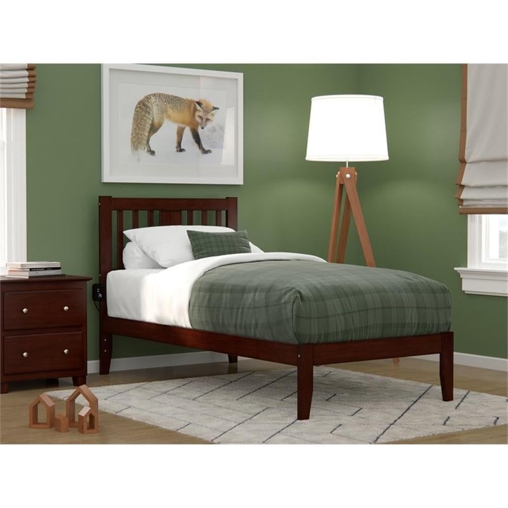 BOWERY HILL Twin Spindle Bed Frame with USB Turbo Charger - Solid Walnut Wood Bed for Small Space - Perfect for Kids Room, Guest Bedroom & Dormitory