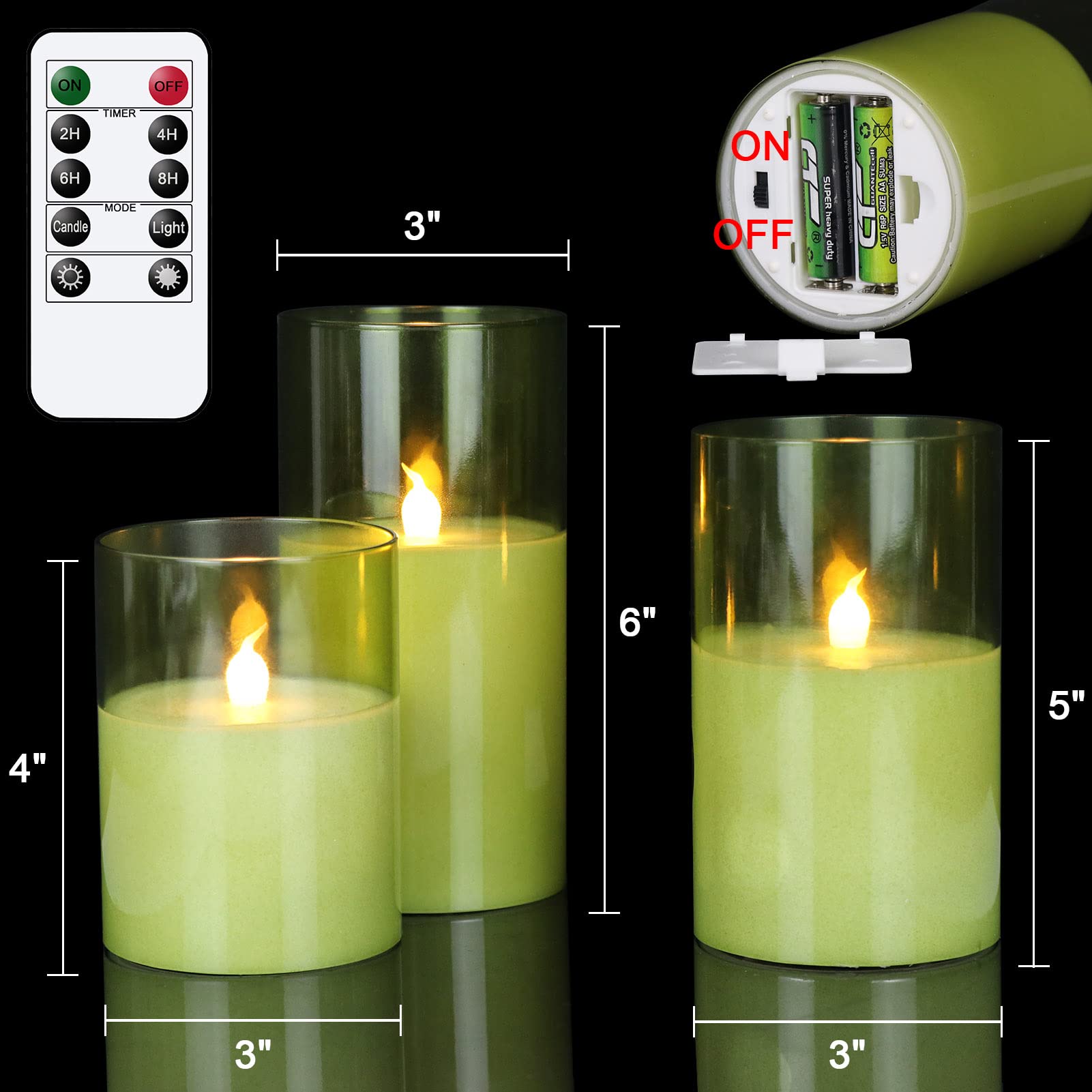 GenSwin Green Glass Flameless LED Candles - Set of 3 with 10-Key Remote & Timer, Real Wax Warm White Flickering Lights for Home Decor, Wedding, Christmas, and Romantic Ambiance