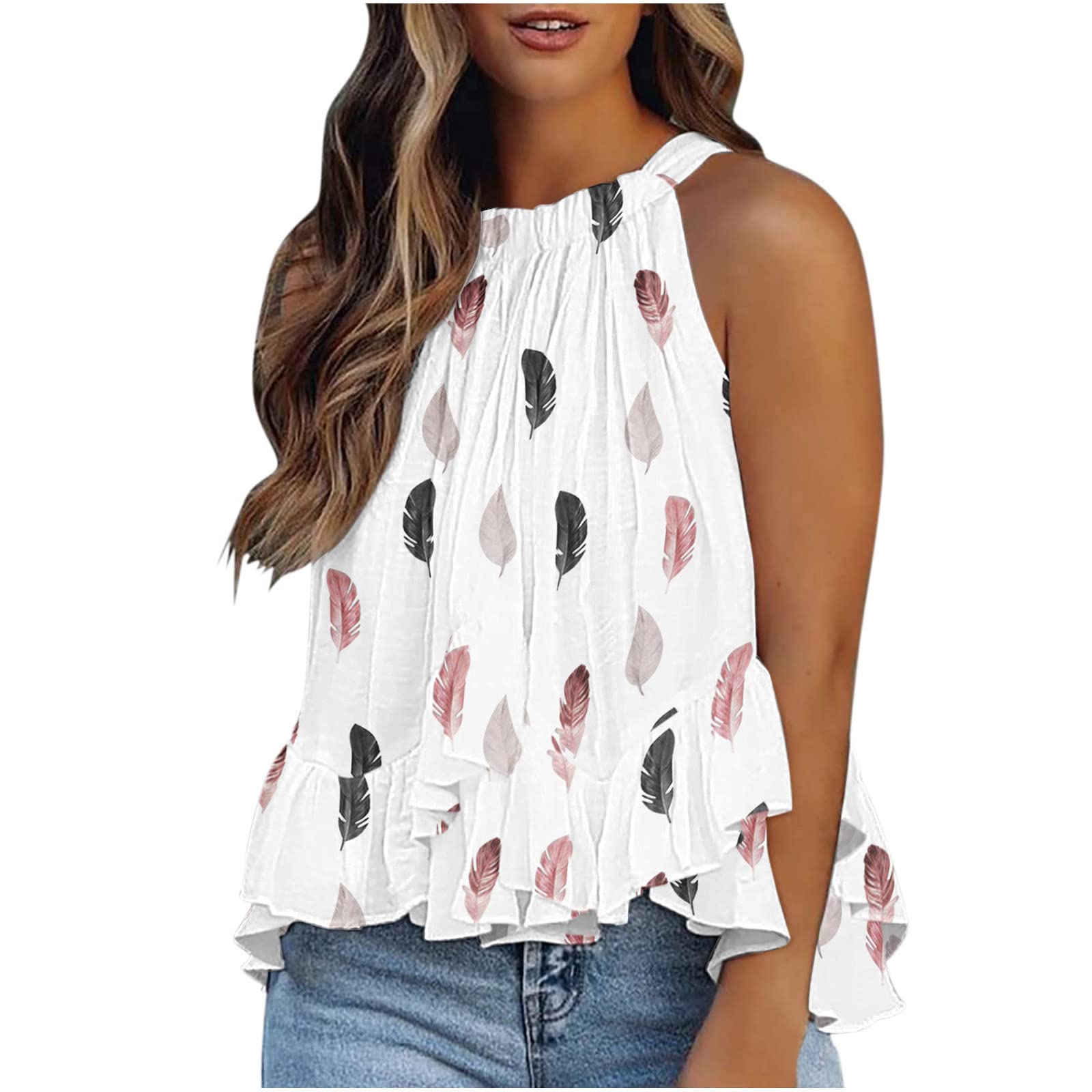 Women's Trendy Sleeveless Printed Blouse - Casual Ruffled Crop Top with Round Neck for Summer Outfits | Perfect for Beach Vacations, Date Nights & Weekend Brunch