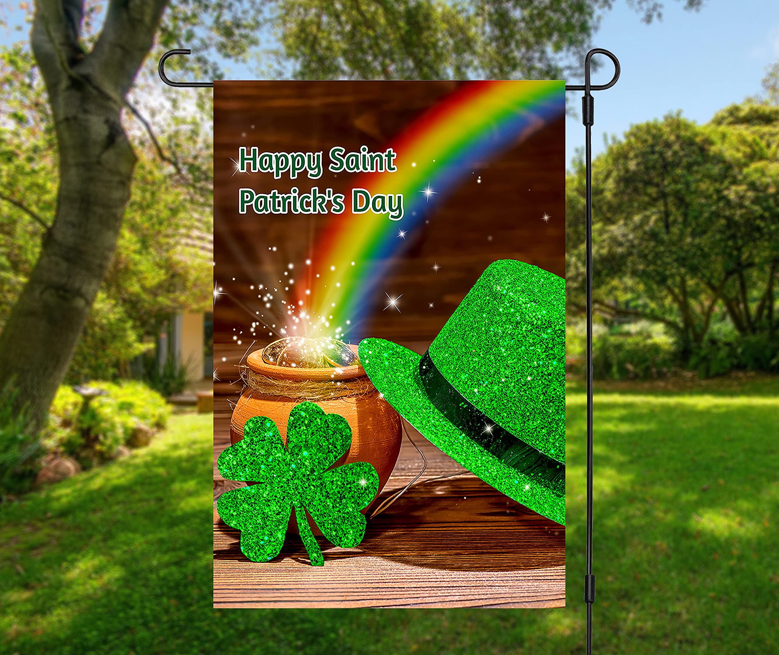 St. Patrick's Day Garden Flag - Double Sided 12x18 Inch Leprechaun Pot of Gold Irish Flag with Shamrock & Rainbow Design - Perfect for Outdoor Decor, Yard Signs, and St. Patrick's Day Celebrations