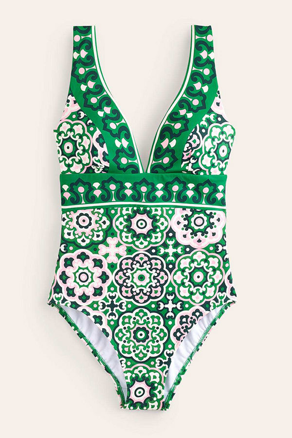 Stylish Printed V-Neck Backless Stretch One-Piece Swimsuit for Women | Beach Vacation, Pool Party & Summer Swimwear