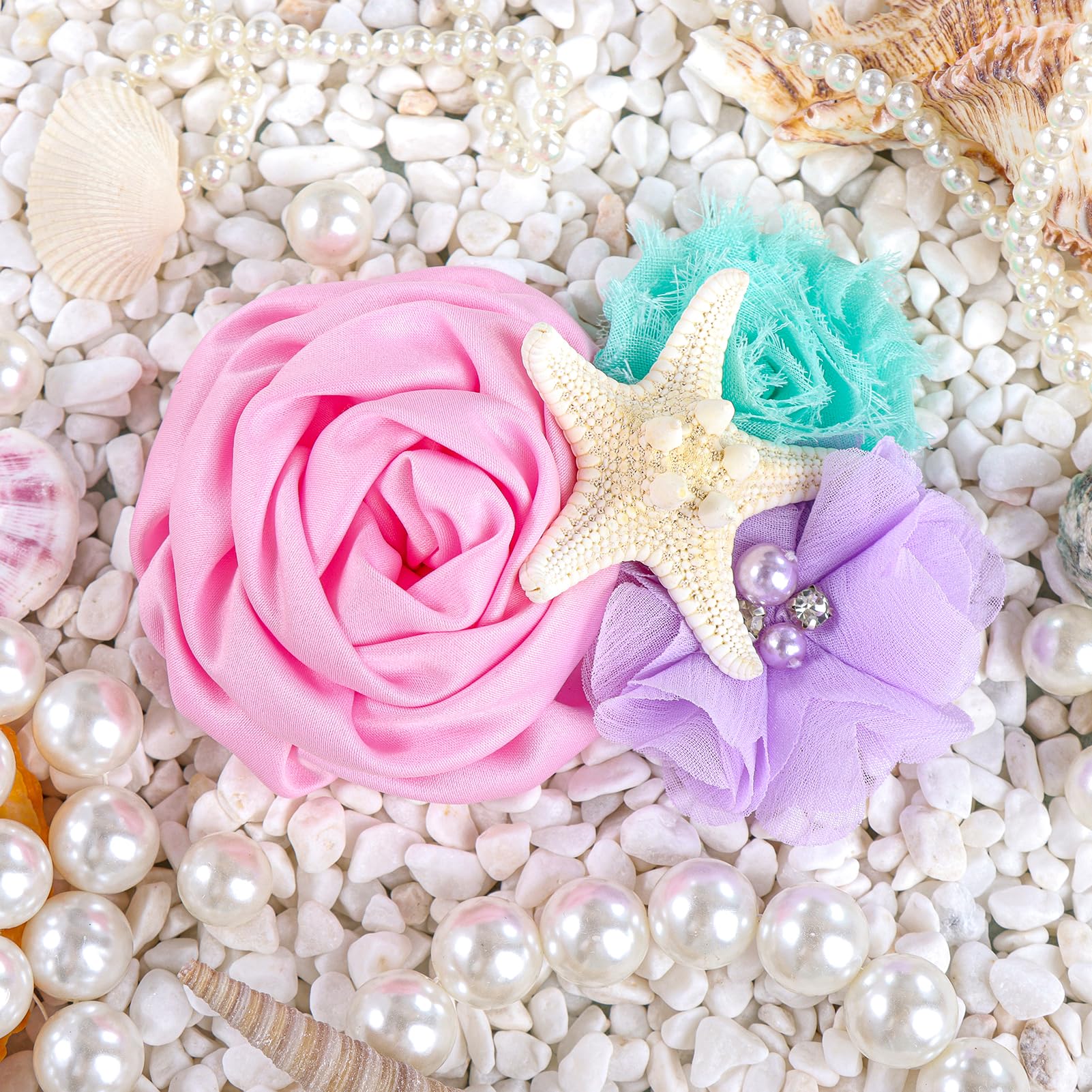YanJie Mermaid Baby Hair Clips - Handmade Pink Bow Clips with Starfish for Girls, Infants & Toddlers | Mermaid Themed Party Hair Accessories, Birthday Gift for Baby Showers & Beach Vacations