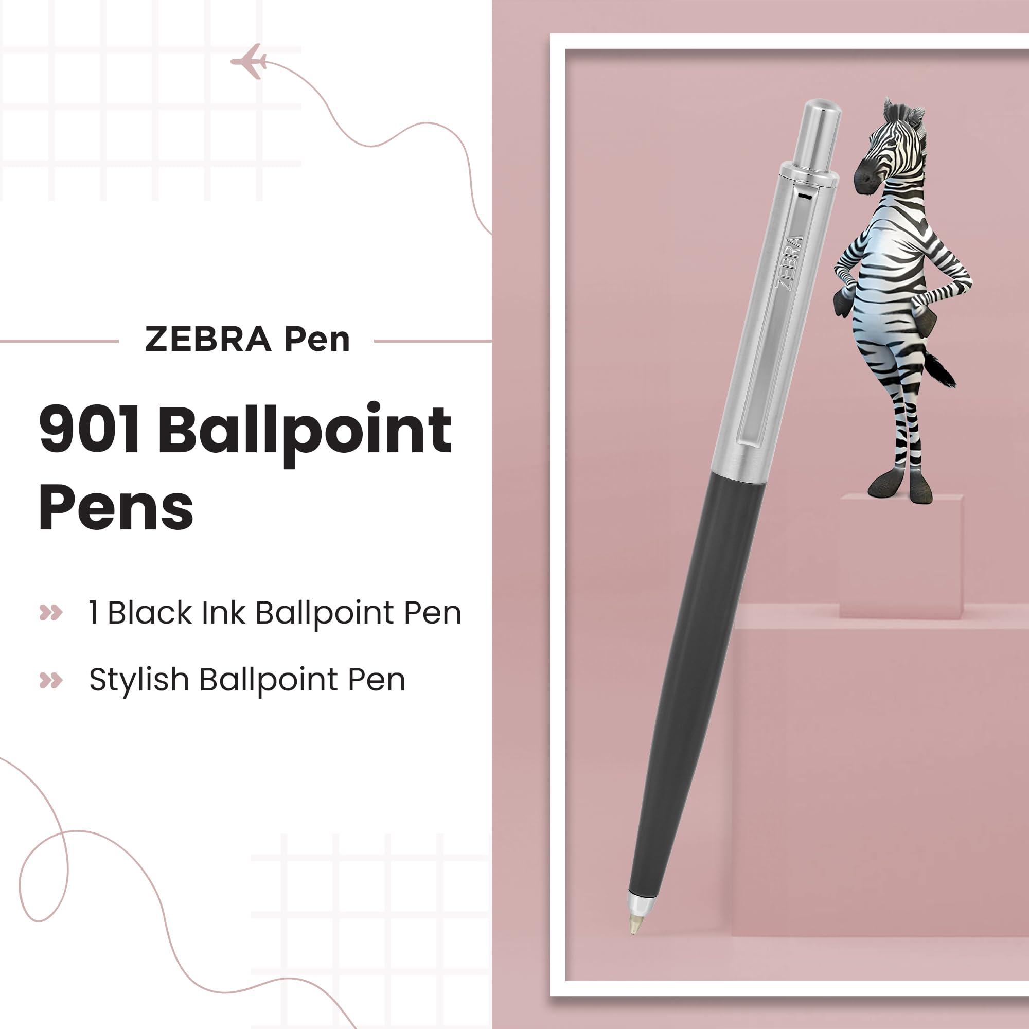Zebra Pen 901 Black Ballpoint Pens - Retractable Fine Point Black Ink Pens with Premium Grey Barrel & Presentation Case | Smooth Writing for Office, School, Note Taking & Gift Giving (1 Pack)