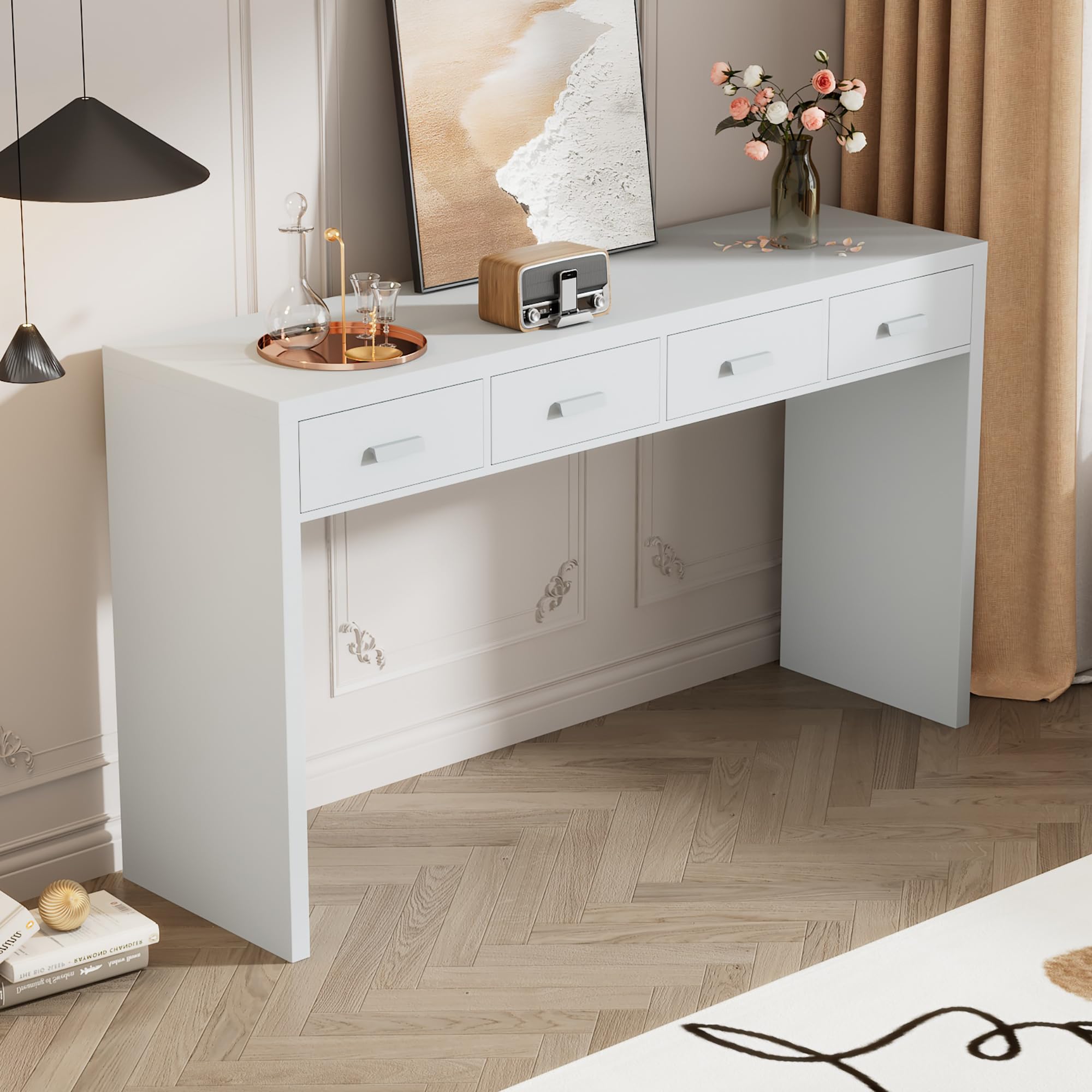 JULYFOX 52 Inch Solid Wood Sofa Console Table with 4 Storage Drawers - Entryway Hallway Table for Living Room & Dining Room - Heavy Duty Furniture for Home Decor (White) - Perfect for Small Spaces & Apartment Living