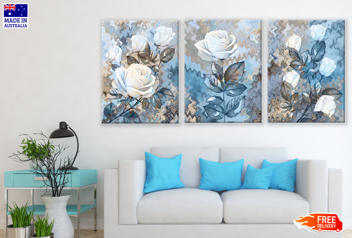 3-Piece White and Blue Floral Tree Canvas Wall Art Set - High Quality Print, 100% Australian Made, Ready to Hang - Perfect for Living Room, Bedroom & Office Decor