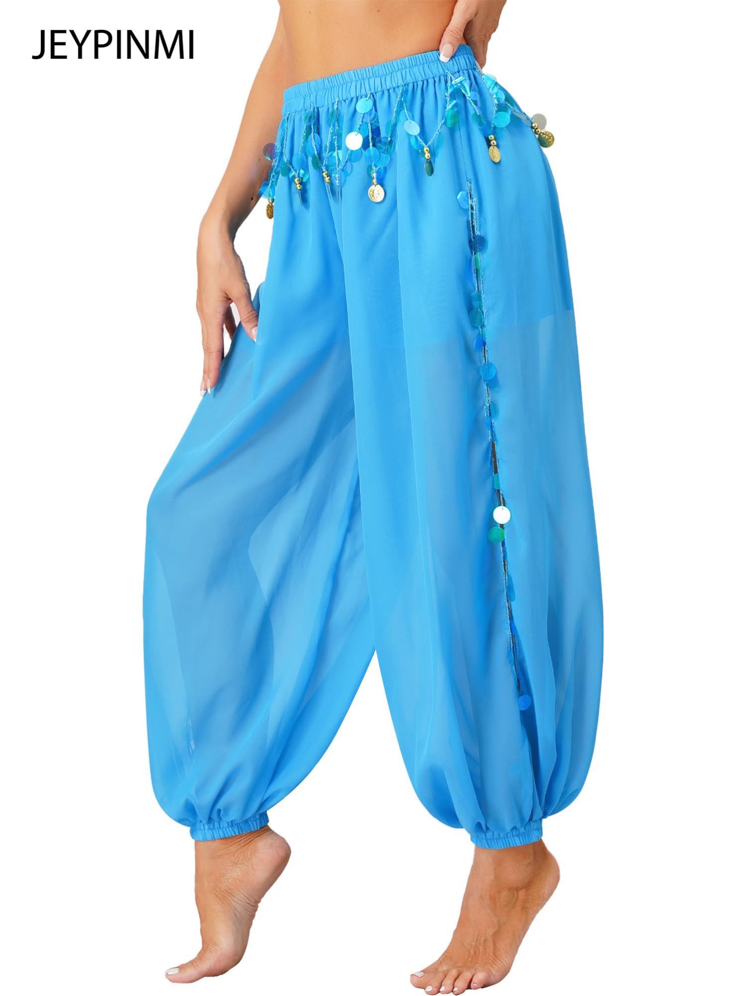 JEYPINMI Women's Belly Dance Bloomers with Coins - Lantern Pants for Indian Dance Costume, Perfect for Performances, Yoga, and Festivals
