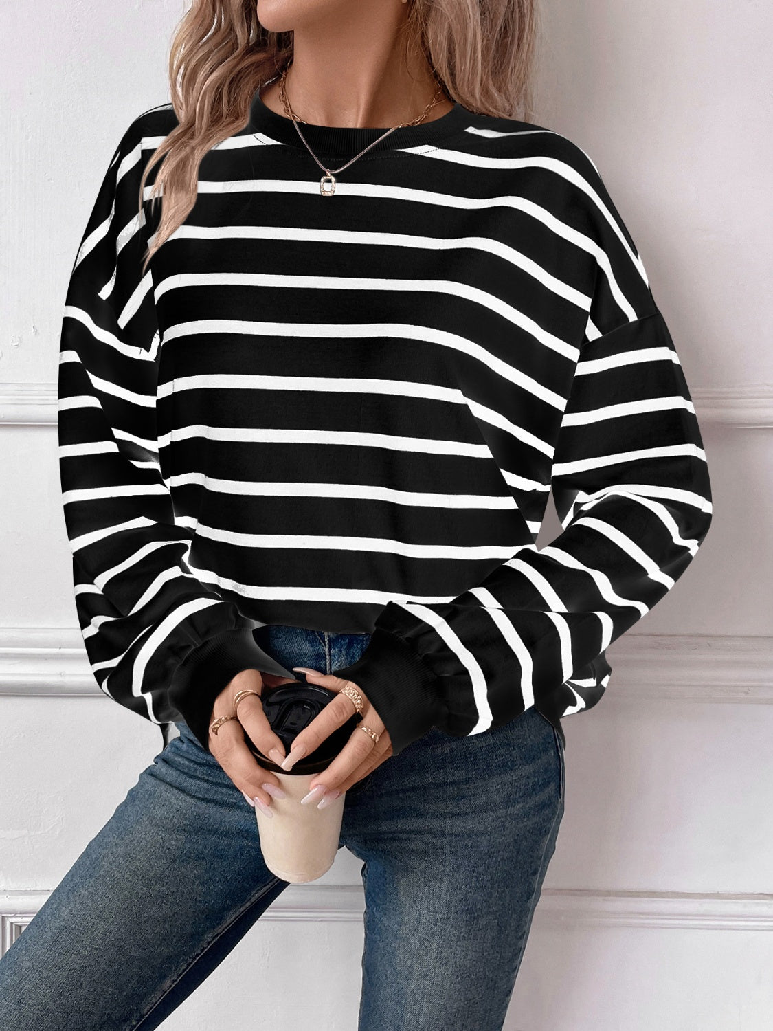 Lovelet Striped Round Neck Long Sleeve Sweatshirt for Women - Cozy Casual Pullover Top for Fall & Winter - Perfect for Lounge, Workout, and Everyday Wear