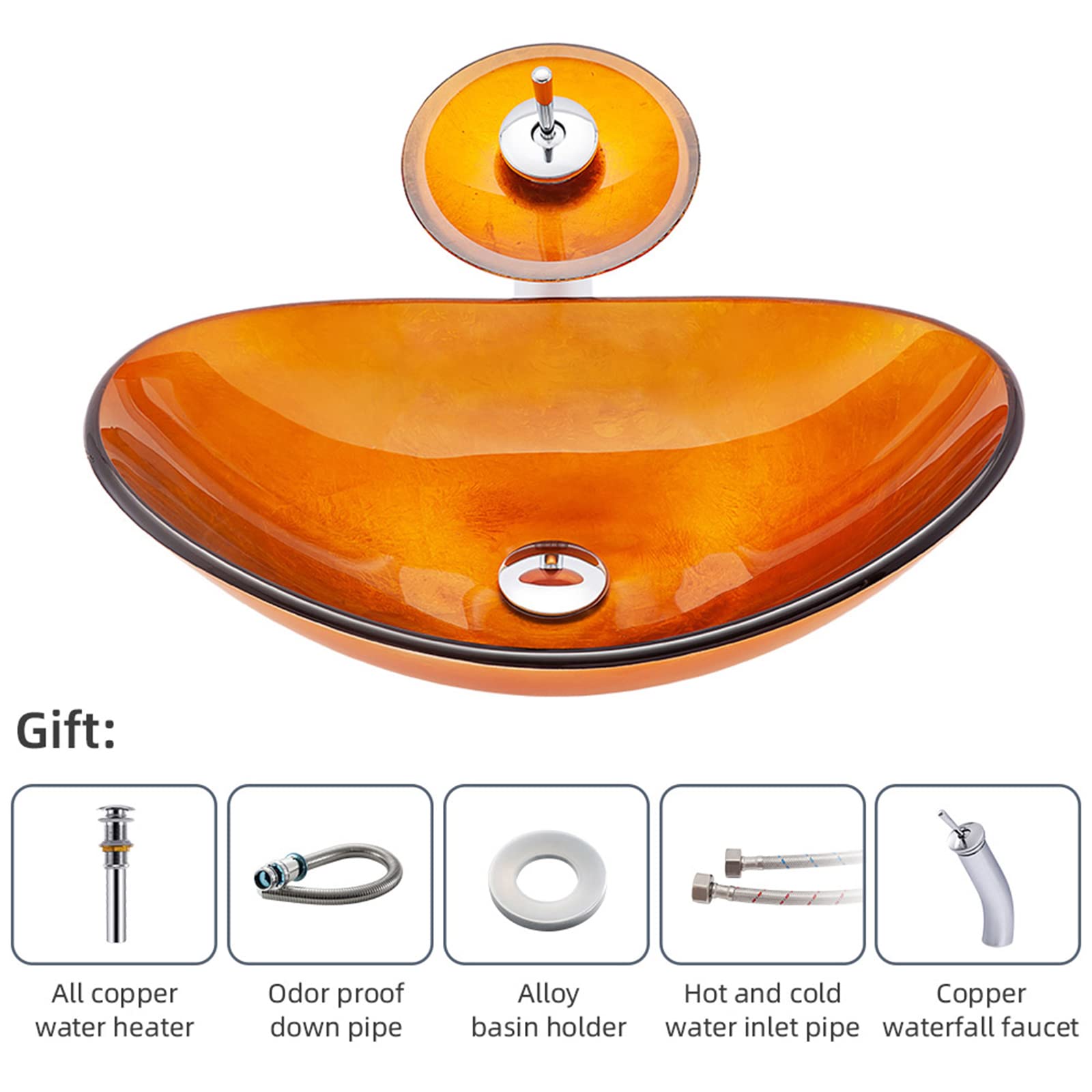 Premium Tempered Glass Oval Vessel Sink with Brass Waterfall Faucet & Chrome Pop-Up Drain - Modern Bathroom Vanity Sink for Countertop Installation | Perfect for Contemporary Home, Hotel, and Spa Bathrooms