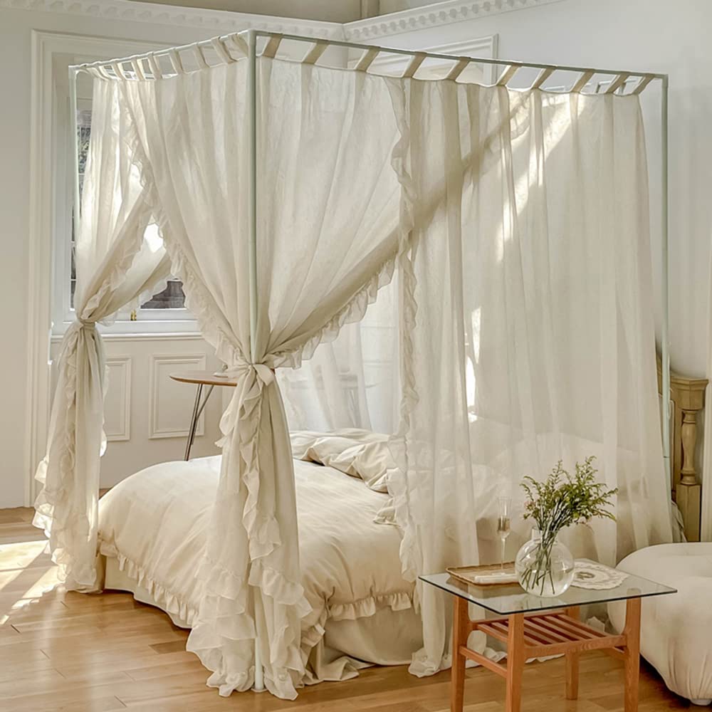 Luxury Mengersi Linen Canopy Bed Curtains - Sheer Ivory King Size Bed Drapes for Bedroom Decor | Elegant Bed Canopy for Master Bedroom, Wedding Decor & Boho Chic Style