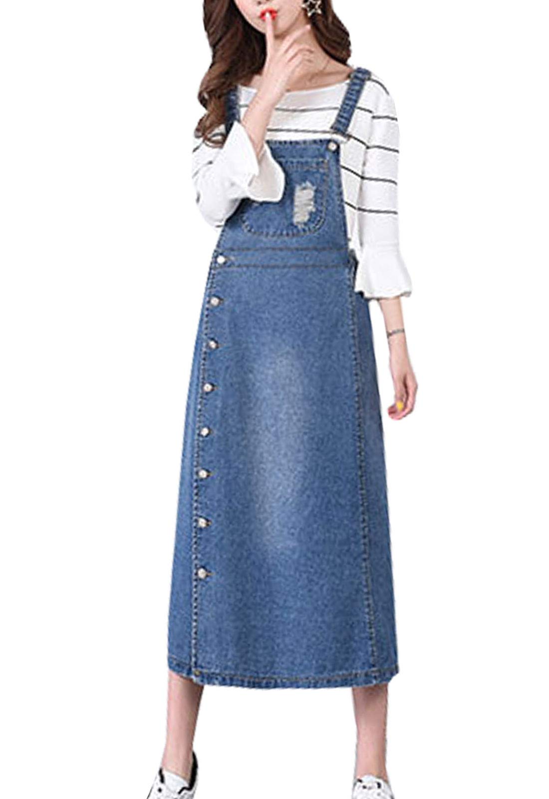 Flygo Women's Denim Overalls - Button Front Long Midi Pinafore Dress with Skirt for Casual Outings, Date Nights & Spring Fashion