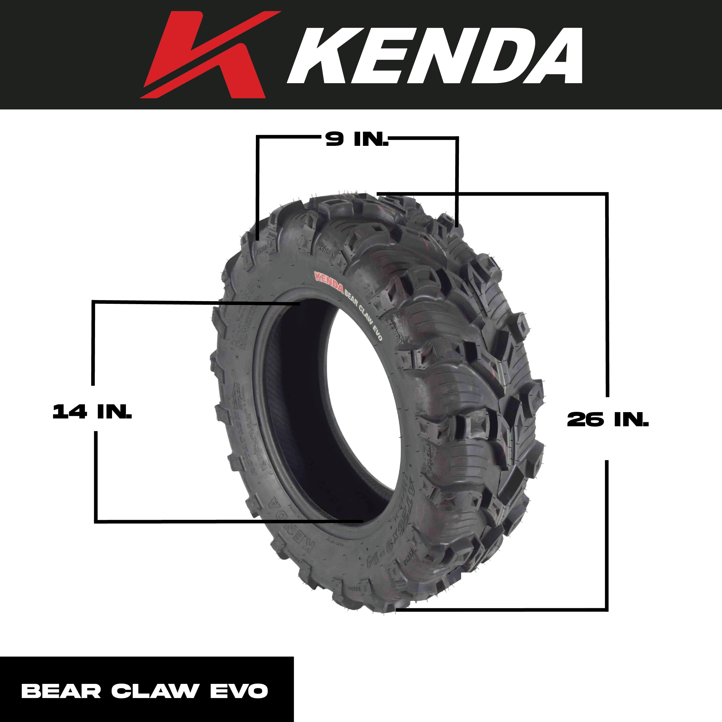 Kenda Bear Claw EVO 26x9-14 Front & 26x11-14 Rear ATV/UTV All-Terrain Mud Tires (4-Pack) with Free Bottle Opener Keychain - Perfect for Off-Roading, Hunting & Trail Riding