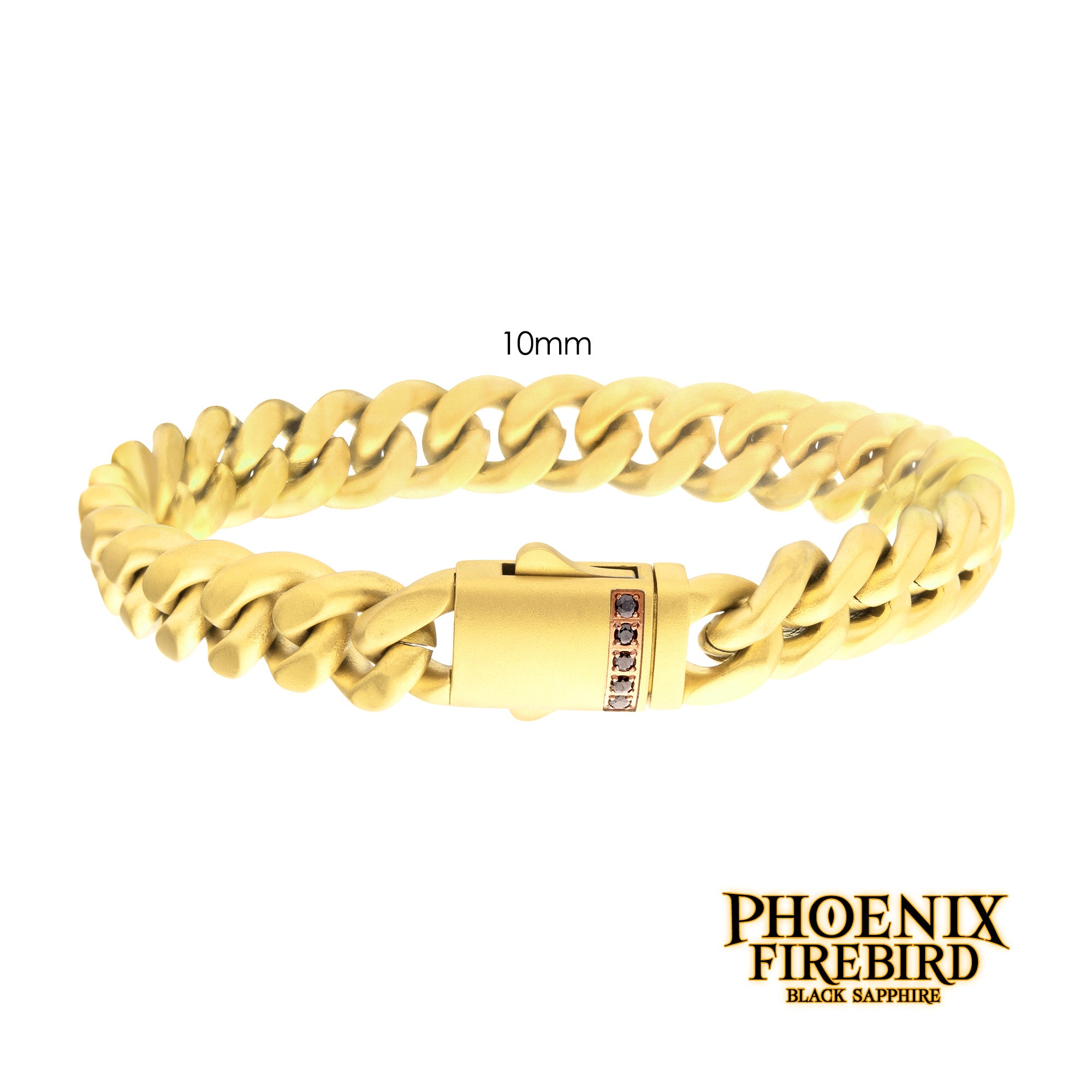 10mm 18K Gold Plated Stainless Steel Matte Cuban Link Chain Bracelet with Genuine Black Sapphire - Perfect for Men's Jewelry, Gifts & Hip-Hop Fashion Accessories
