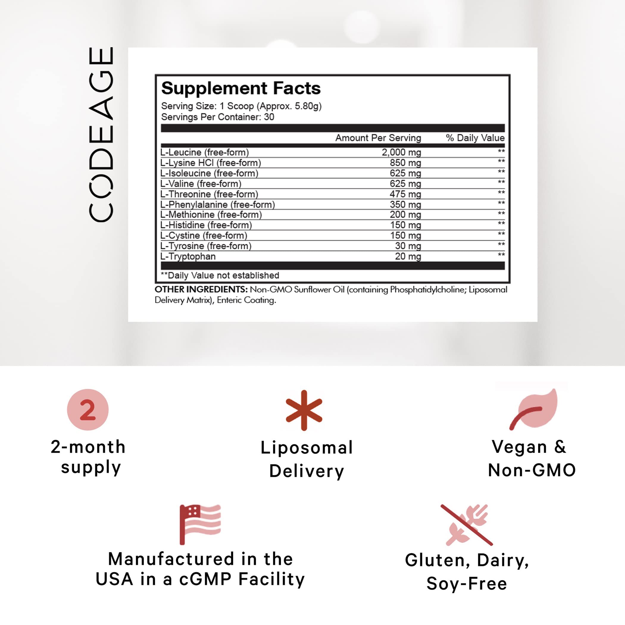 Codeage Liposomal Multi Amino Powder Supplement - BCAA & EAA with All 9 Essential Amino Acids | Branched-Chain Amino Acid Support | Pre & Post Workout Recovery | Unflavored Non-GMO Formula | Liposomal Delivery for Better Absorption | 6.15 oz Powder | Ideal for Athletes, Fitness Enthusiasts & Muscle Recovery