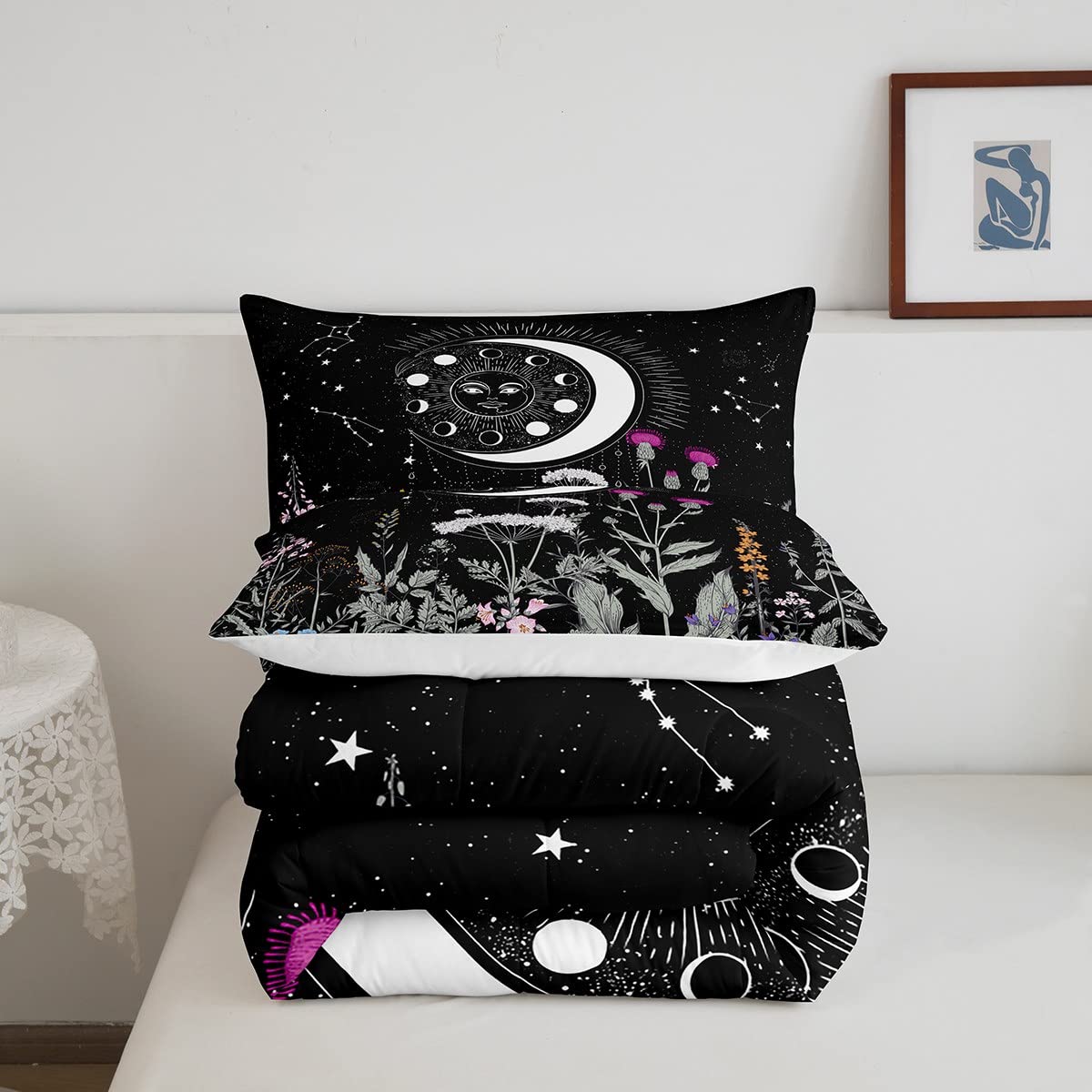 Feelyou Queen Size Sun and Moon Bedding Set - Galaxy Constellation Comforter with 2 Pillowcases, Black & White Astrology Themed Quilt for Kids, Boys & Girls | Perfect for Space-Themed Bedrooms, Teen Rooms & Celestial Decor