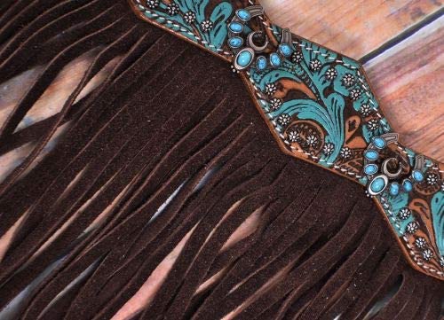 Showman Turquoise & Brown Floral Tooled Leather Headstall & Breast Collar Set with Fringe for Western Horse Riding and Rodeo Events