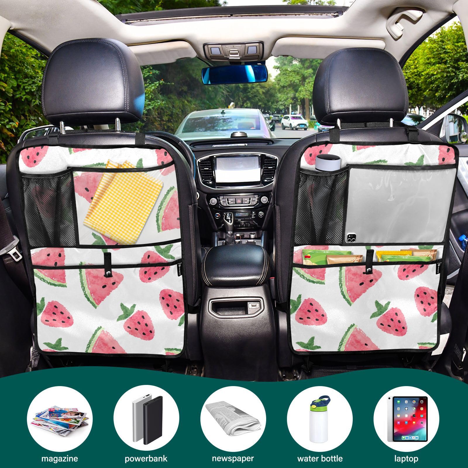 Aflyko Car Seat Back Organizer with Pockets - Watercolor Strawberry Watermelon Print, Pink Kick Mat & Backseat Protector - 1 Pack | Perfect for Road Trips, Family Travel & Keeping Your Vehicle Organized