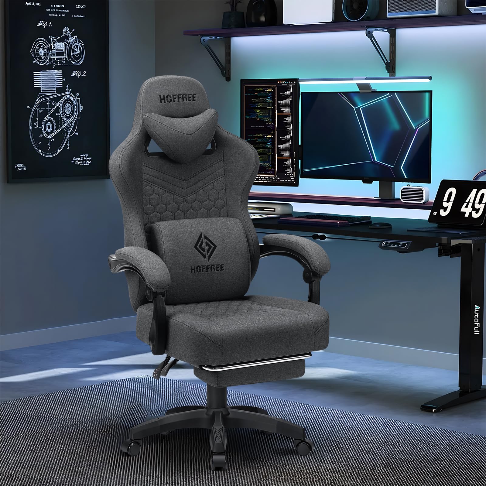 **HOFFREE Ergonomic Gaming Chair with Pocket Spring Cushion & Massage - Reclining Computer Chair with Lumbar Support & Footrest - Breathable Fabric for Adults (Gray) - Perfect for PC Gaming, Office Work & Home Use**