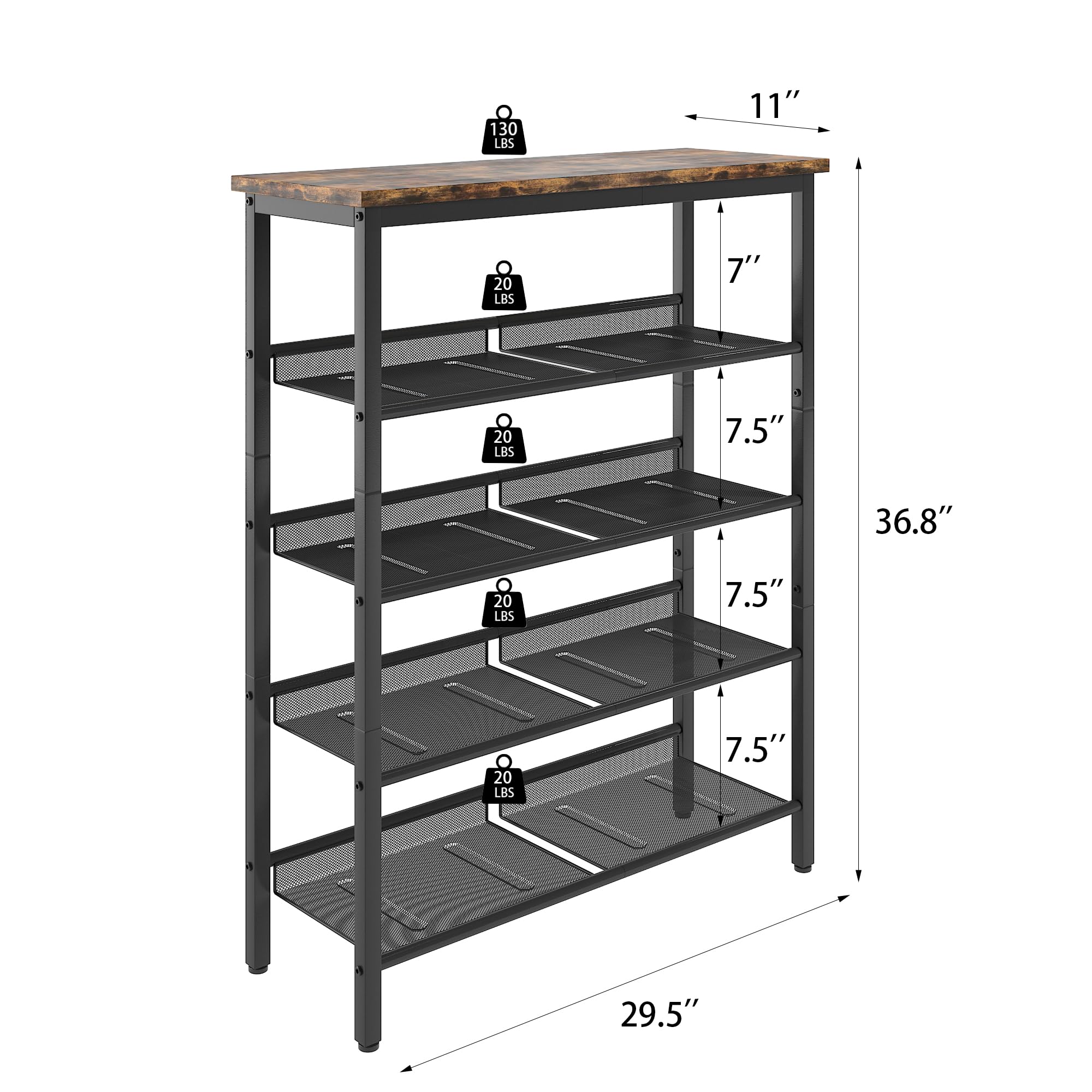 Gecheer 5-Tier Adjustable Industrial Shoe Rack with 4 Mesh Shelves - Rustic Country Style Entryway Storage Organizer for Shoes, Boots & Accessories | Perfect for Living Room, Bedroom, Porch & Hallway Organization