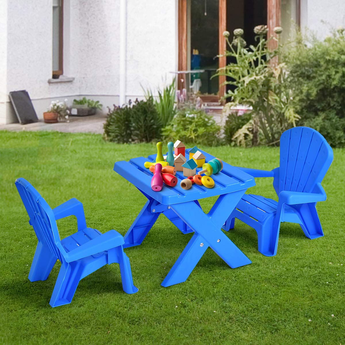 Costzon Kids Table and Chair Set - Toddler Activity Table with 2 Adirondack Chairs for Outdoor Play, Picnic, Garden & Beach (Blue) | Perfect for Backyard, Patio, Preschool & Daycare Activities
