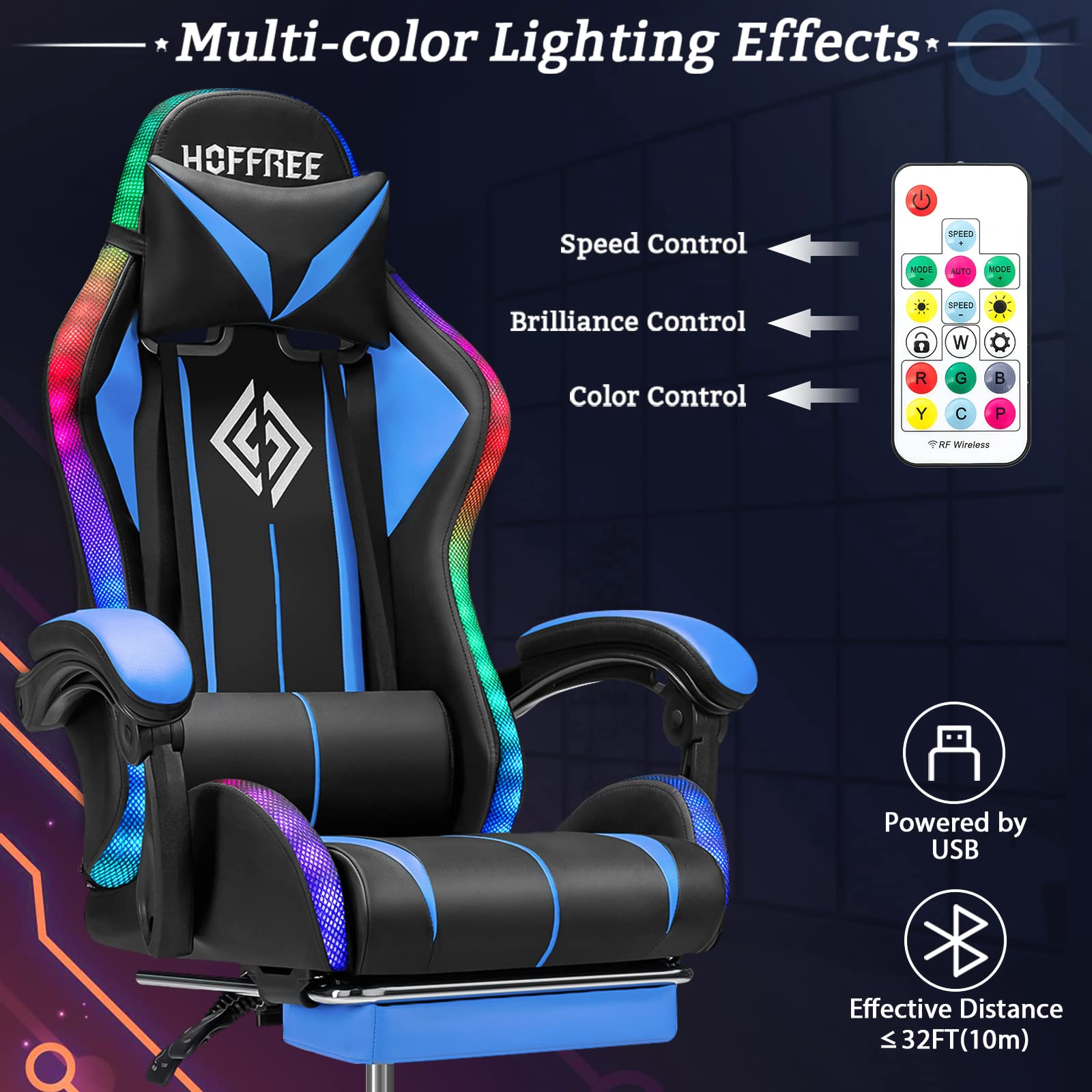 Ergonomic Gaming Chair with Massage, LED Lights & Adjustable Lumbar Support - High Back Computer Chair with Footrest for PC & Console Gamers - Perfect for Esports, Streaming & Home Office (Blue & Black)