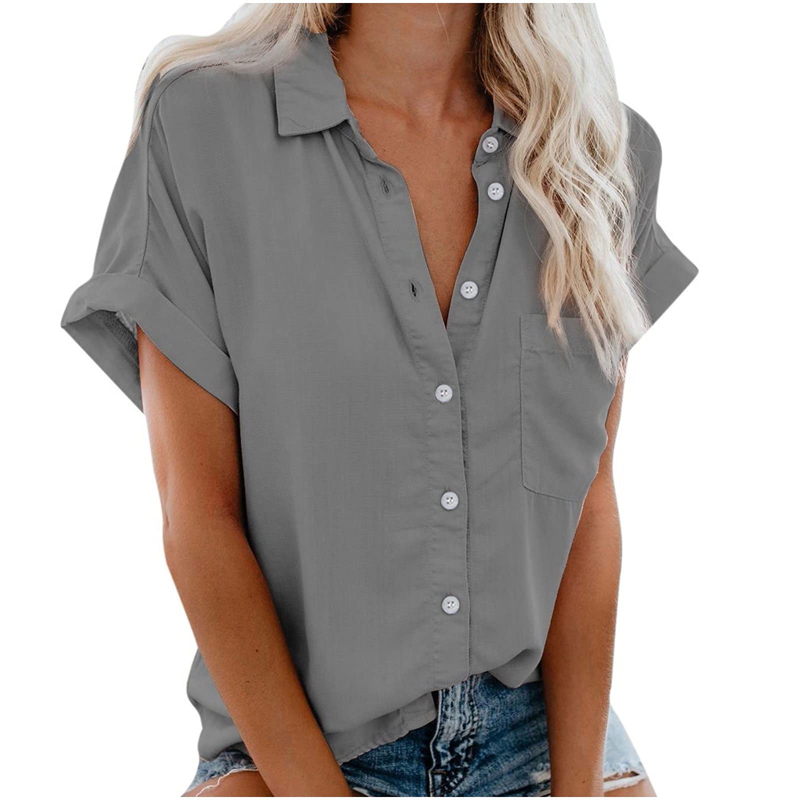 Women's Casual White Blouse with Pocket - Short Sleeve Button Down Top (Sizes S-3XL) | Office Wear, Summer Outfits & Everyday Fashion