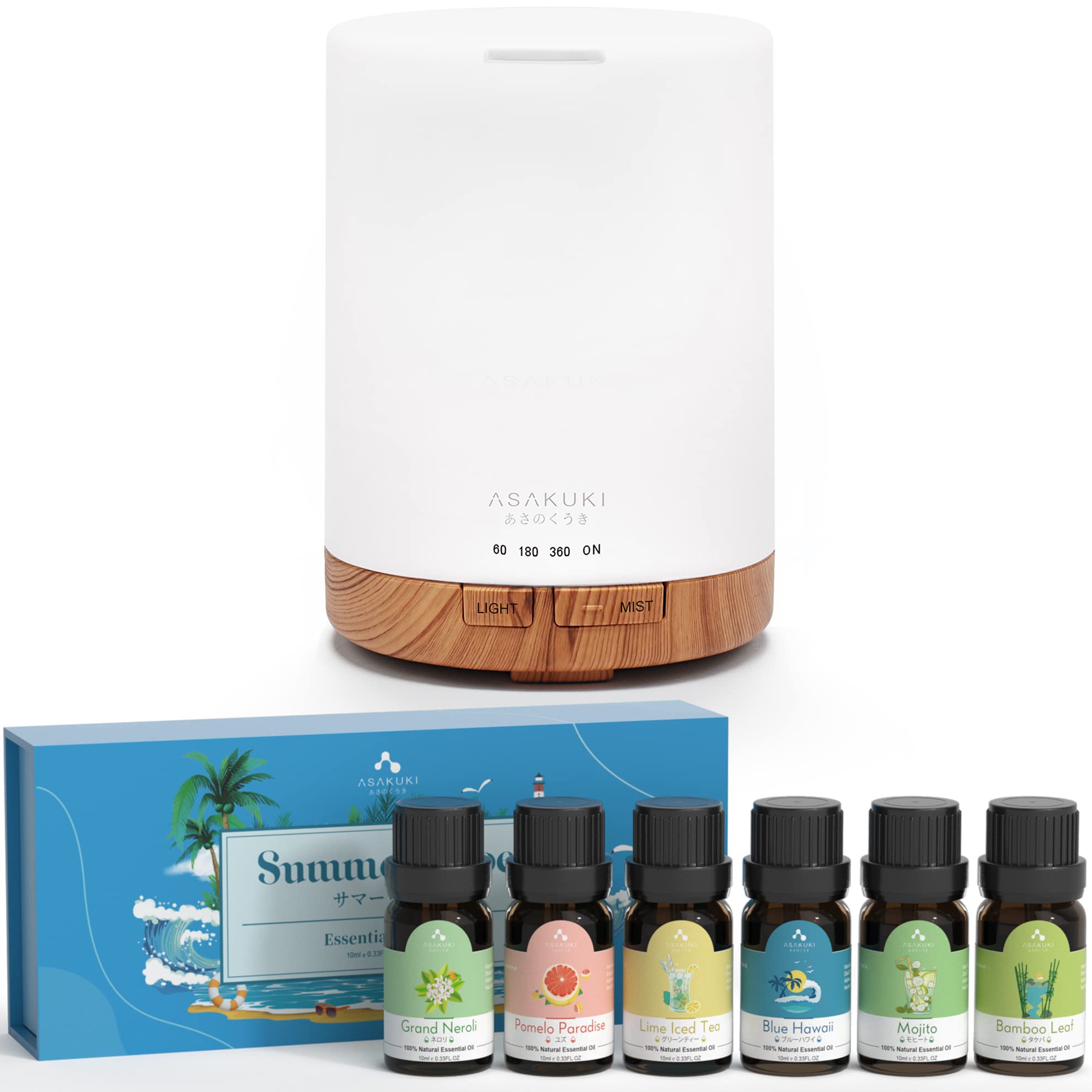 ASAKUKI 300ml Essential Oil Diffuser with LED Light - Aromatherapy Diffuser for Home, Office, Yoga & Spa - Summer Vibe Fragrance Oil Set with 6 Premium Essential Oil Blends for Relaxation & Stress Relief