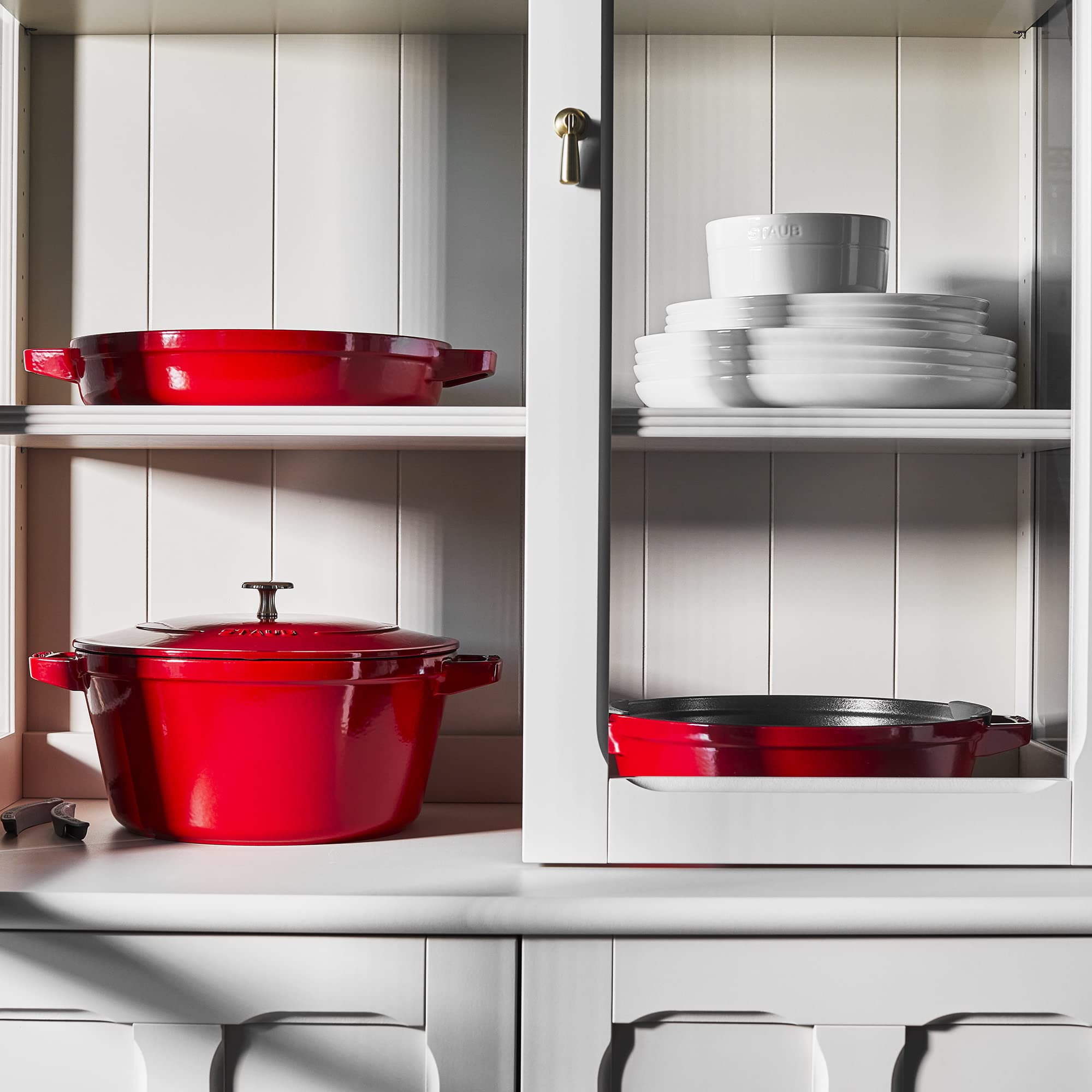 STAUB 4-Piece Cast Iron Cookware Set - Stackable Dutch Oven, Skillet & Grill Pan with Universal Lid - Premium French-Made Cherry Red Cookware for Baking, Roasting & Grilling - Perfect for Home Kitchens & Outdoor Cooking
