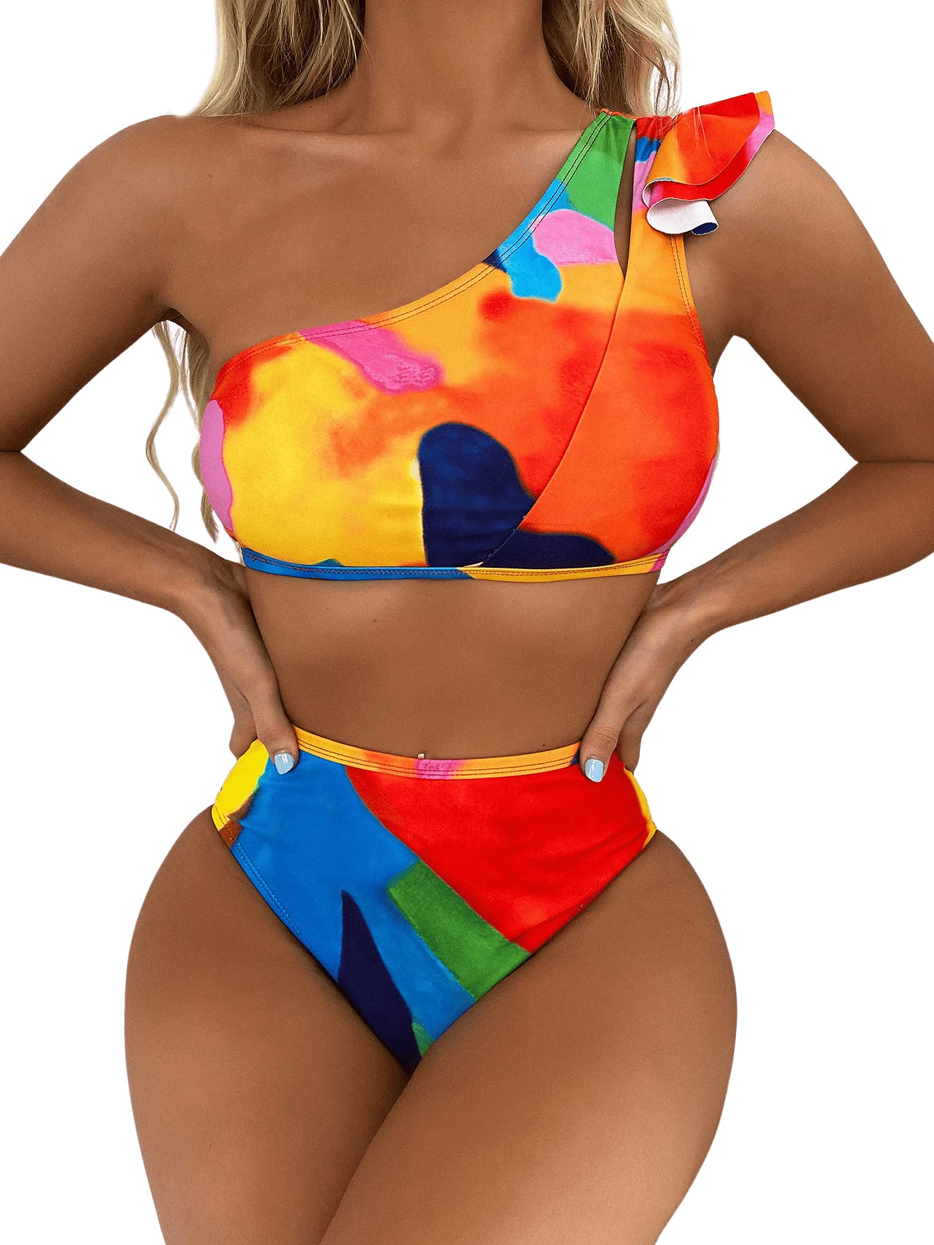 Floerns Women's 2 Piece One Shoulder Bikini Swimsuit with Ruffle Trim - Sexy Bathing Suit for Beach, Pool Party & Summer Vacation