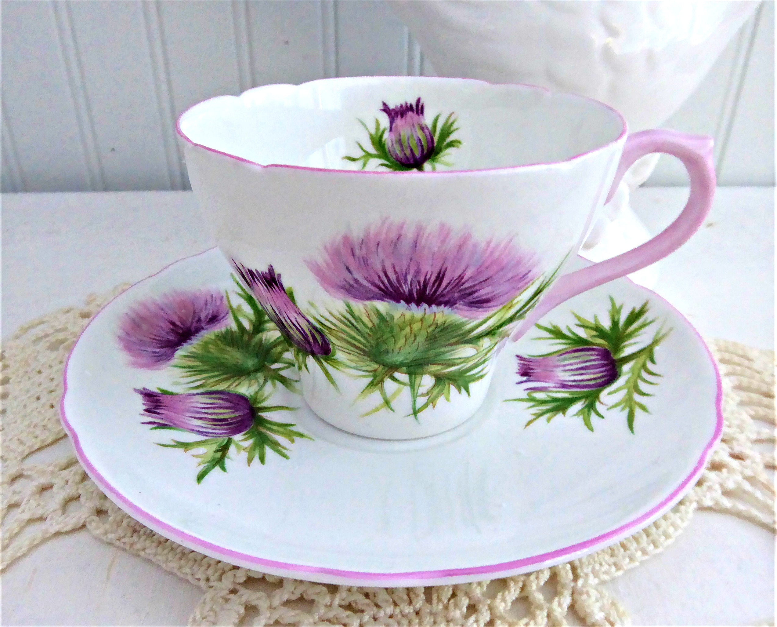 Vintage Shelley Thistle Cup and Saucer Set - Cambridge Shape with Pink Trim, 1950s English Bone China - Perfect for Afternoon Tea, Collectibles, and Home Decor