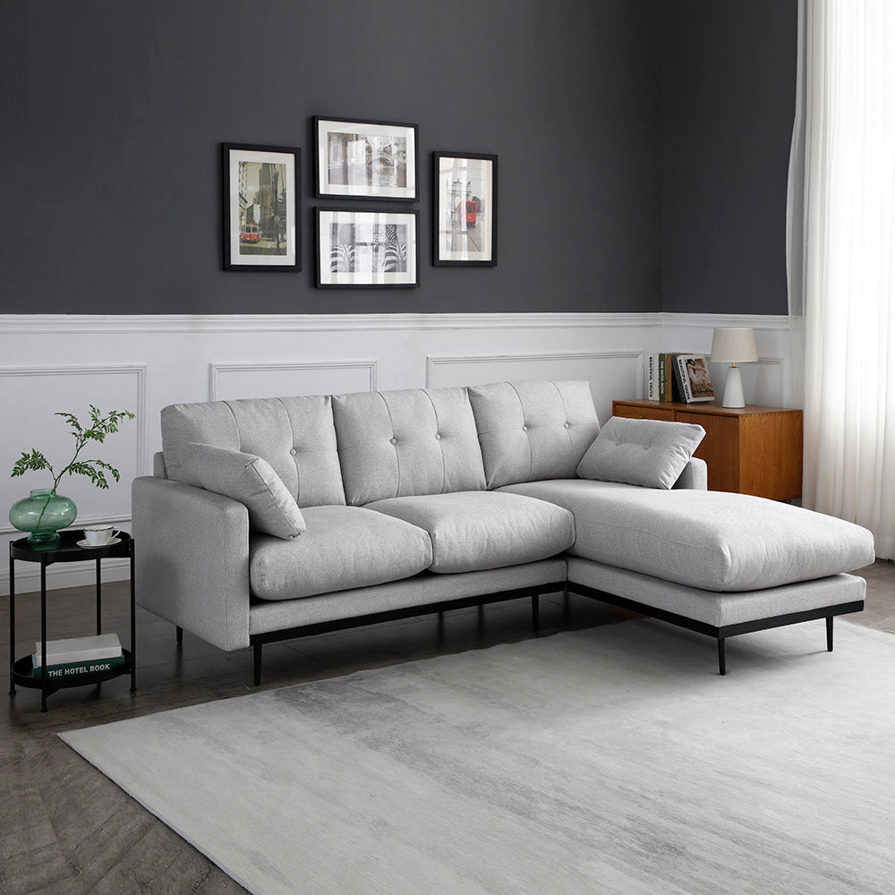 HAVANA 3-Seater Sofa with Right Chaise in Light Grey & Black - Modern Living Room Furniture for Small Spaces & Apartments