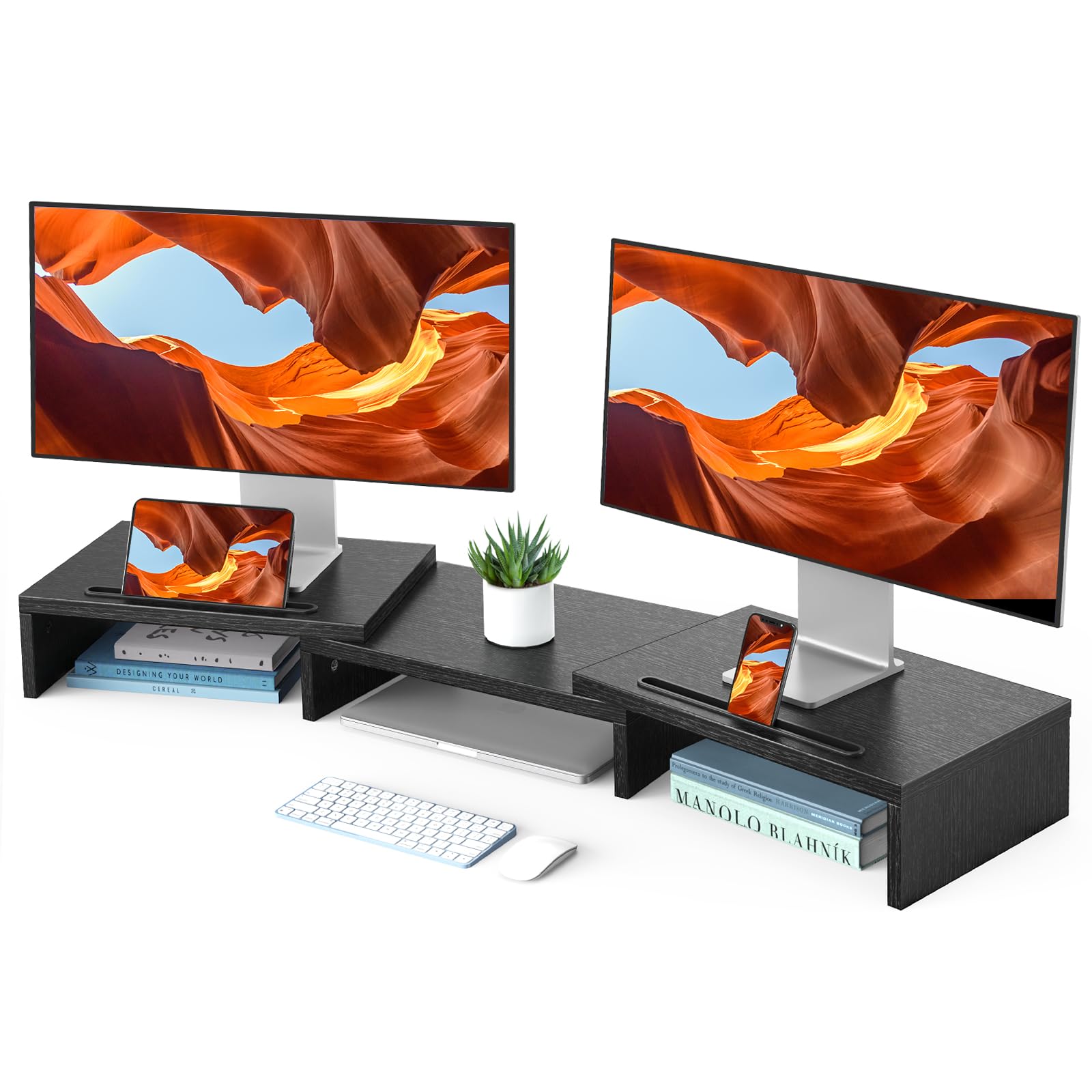 HUANUO Dual Monitor Stand Riser - Adjustable Desk Mount for 2 Screens with Storage Slots, Multi-Purpose Computer Monitor Shelf for PC, Laptop, Home & Office Workspace - Black (Space-Saving Desk Organizer for Productivity)