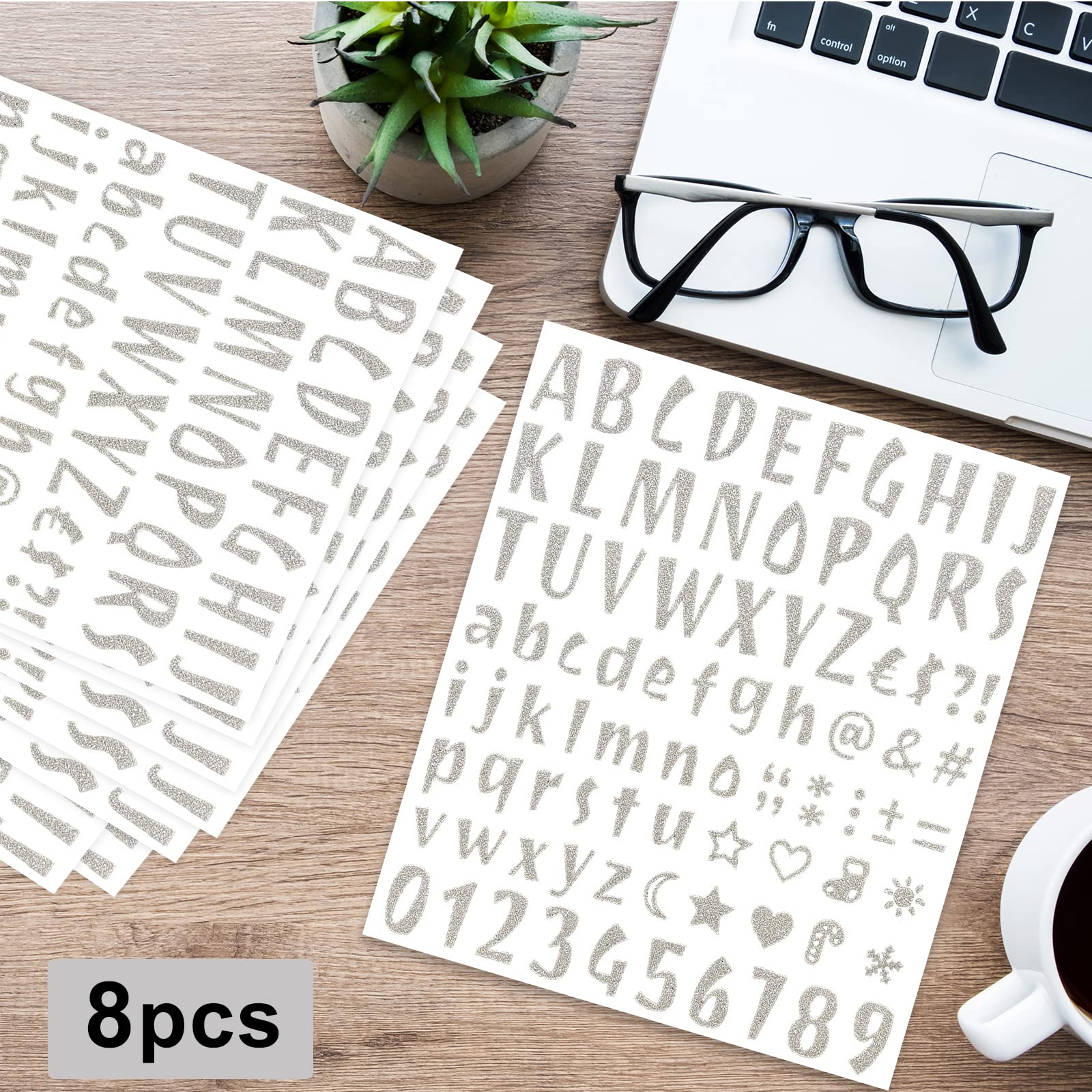 Glitter Alphabet Letter Stickers - 680Pcs Self Adhesive Number & Letter Stickers for DIY Crafts, Grad Cap Decoration, Christmas Mailbox Signs (8 Sheets, Silver) - Perfect for Scrapbooking, School Projects & Party Decorations