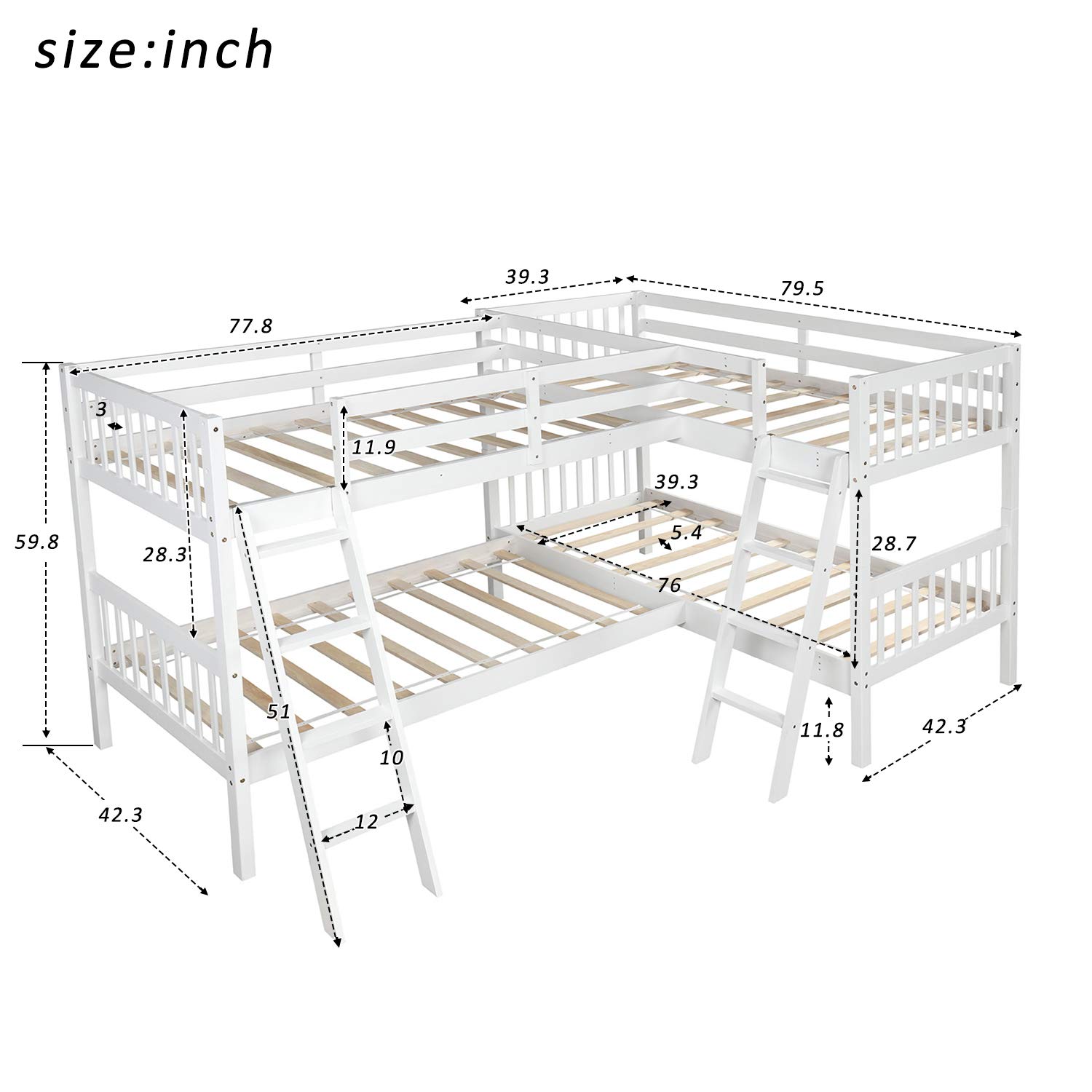 SOFTSEA Twin Over Twin L-Shaped Wooden Bunk Bed with Ladder - Space Saving Corner Loft Bed for Kids & Teens - No Box Spring Needed - Perfect for Small Bedrooms & Dorm Rooms (White)