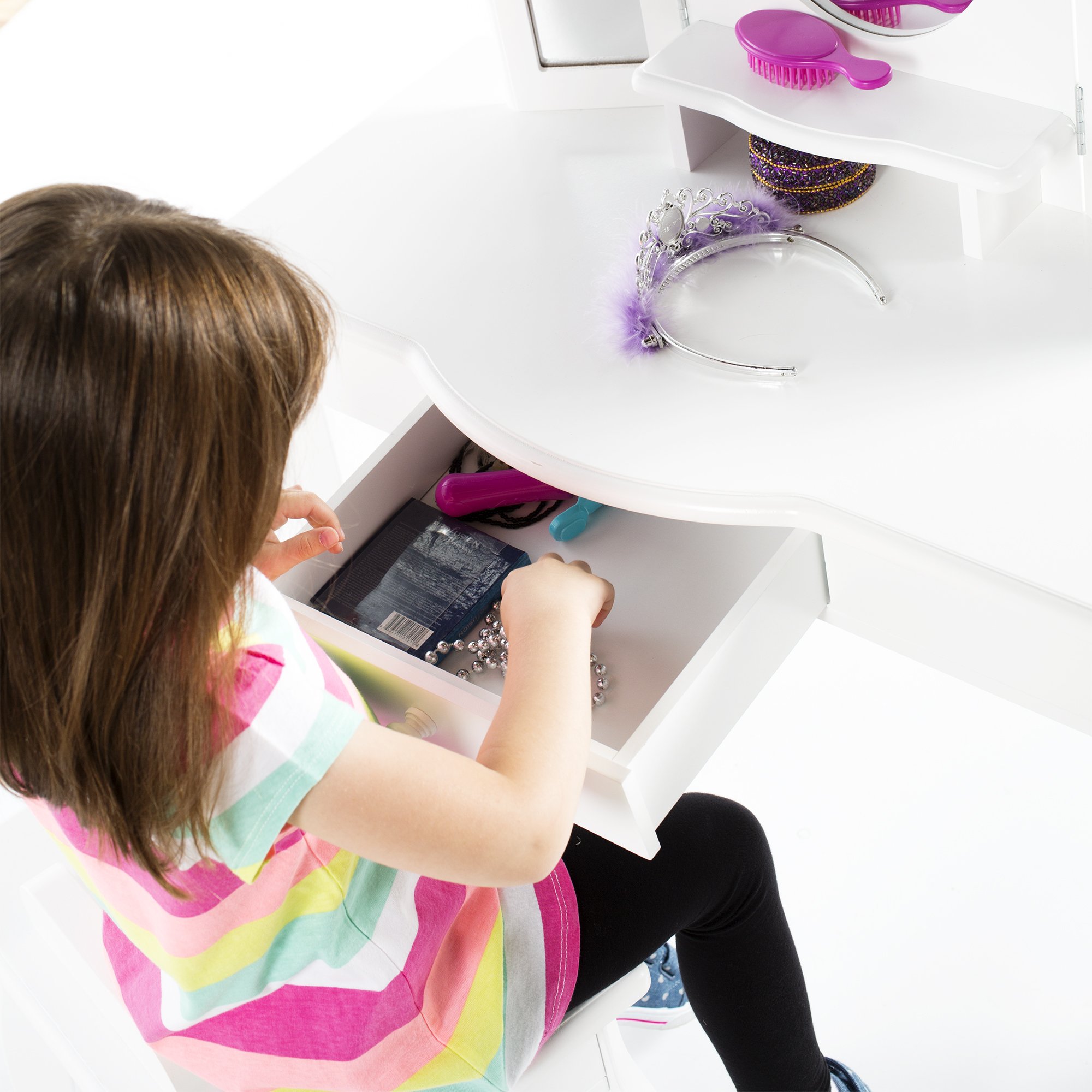 Guidecraft Classic White Kids Vanity and Stool Set - Wooden Pretend Play Makeup Table with Mirror & Storage Drawer for Girls Age 3-8 | Perfect for Bedroom Decor, Birthday Gifts & Imaginative Play
