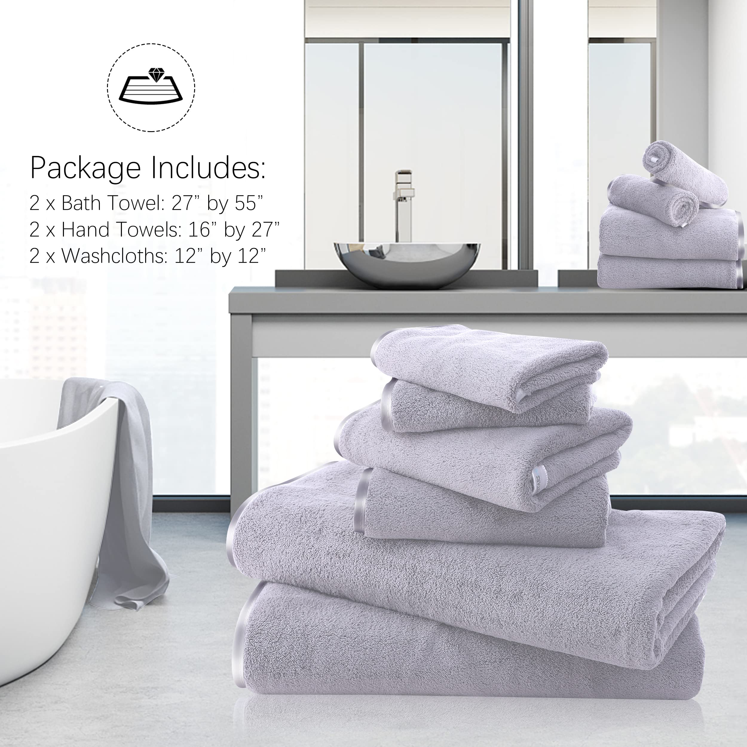 Premium Luxury Silk Hemming Microfiber Towel Set - Ultra Soft, Lightweight & Quick Drying - 2 Bath Towels, 2 Hand Towels, 2 Washcloths (6-Piece Set) - Perfect for Bath, Spa, Gym, Yoga, Travel & Sports - Light Grey