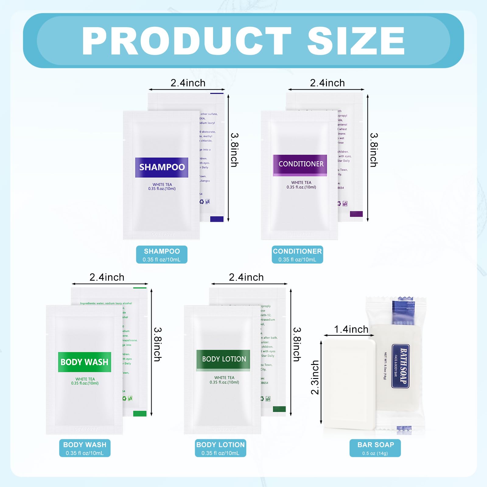 5-in-1 Travel Toiletries Bulk Set (50 Pcs) - 10x Body Wash, 10x Shampoo, 10x Conditioner, 10x Lotion, 10x Bar Soap - Mini Hotel Amenities for Guests, Travel, Vacation & Hospitality Supplies