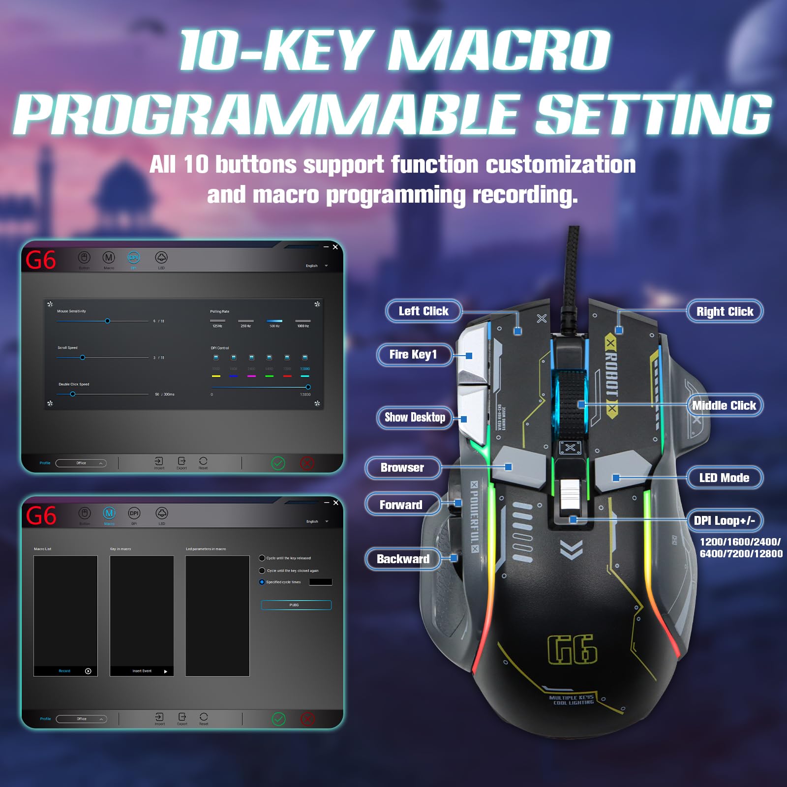 VEGCOO Wired Gaming Mouse - 12800 DPI High Precision Optical Mouse with 10 Programmable Buttons, RGB Lighting, Ergonomic Design for PC, Laptop, Mac - Perfect for FPS, MOBA Games & Office Work