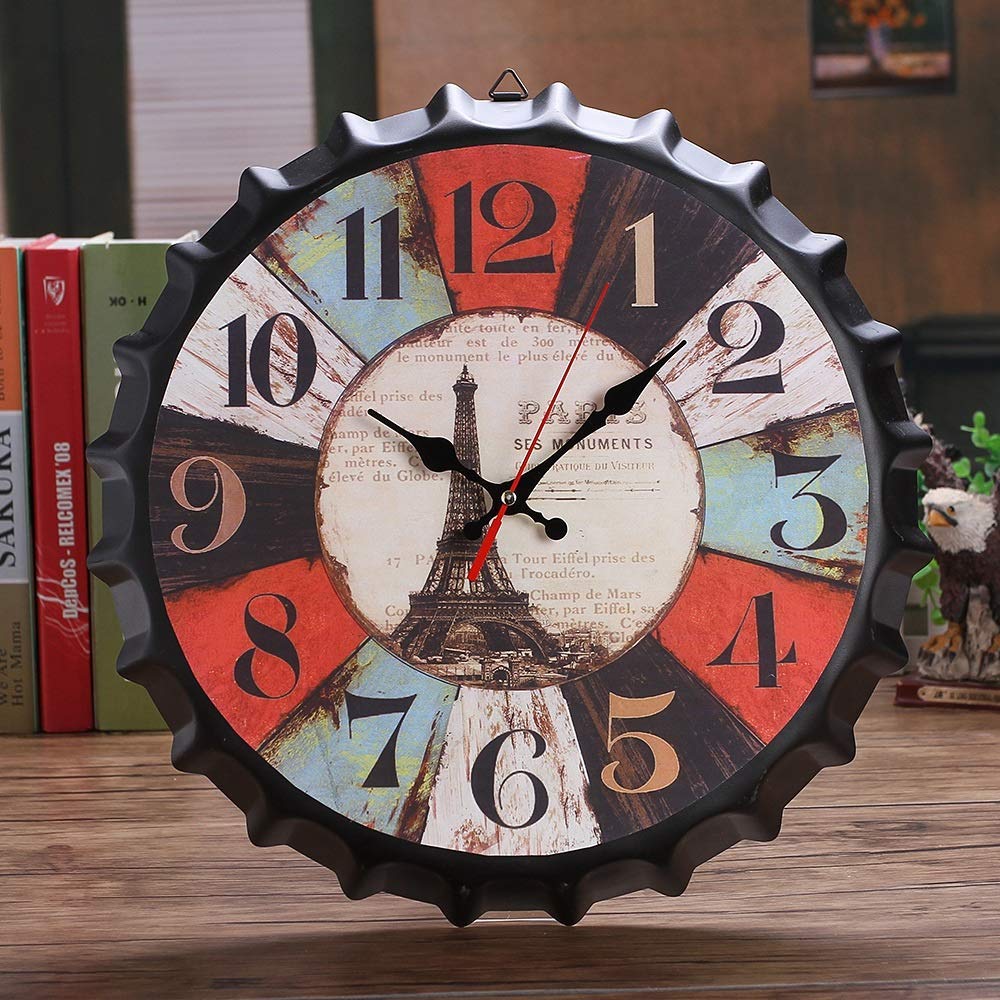 Vintage Metal Tin Beer & Wine Bottle Cap Wall Clock - Retro European Style Silent Non-Ticking Decor (34x34cm) - Perfect for Home, Bar, Cafe, and Office Decoration