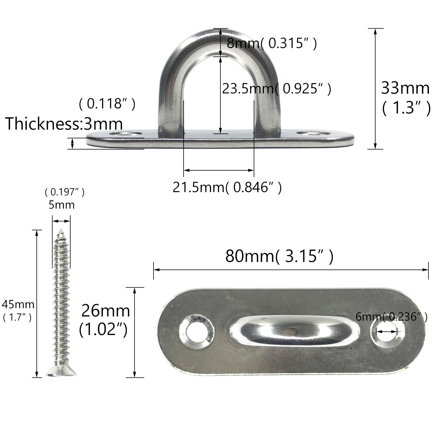 4Pcs 304 Stainless Steel Pad Eye Hooks - 3.15 Inch Heavy Duty Ceiling Hook Screw Eyes for Plant Hangers, Coastal Hardware with 5 x 45mm Screws - Perfect for Hanging Plants, Lights, and Outdoor Decor