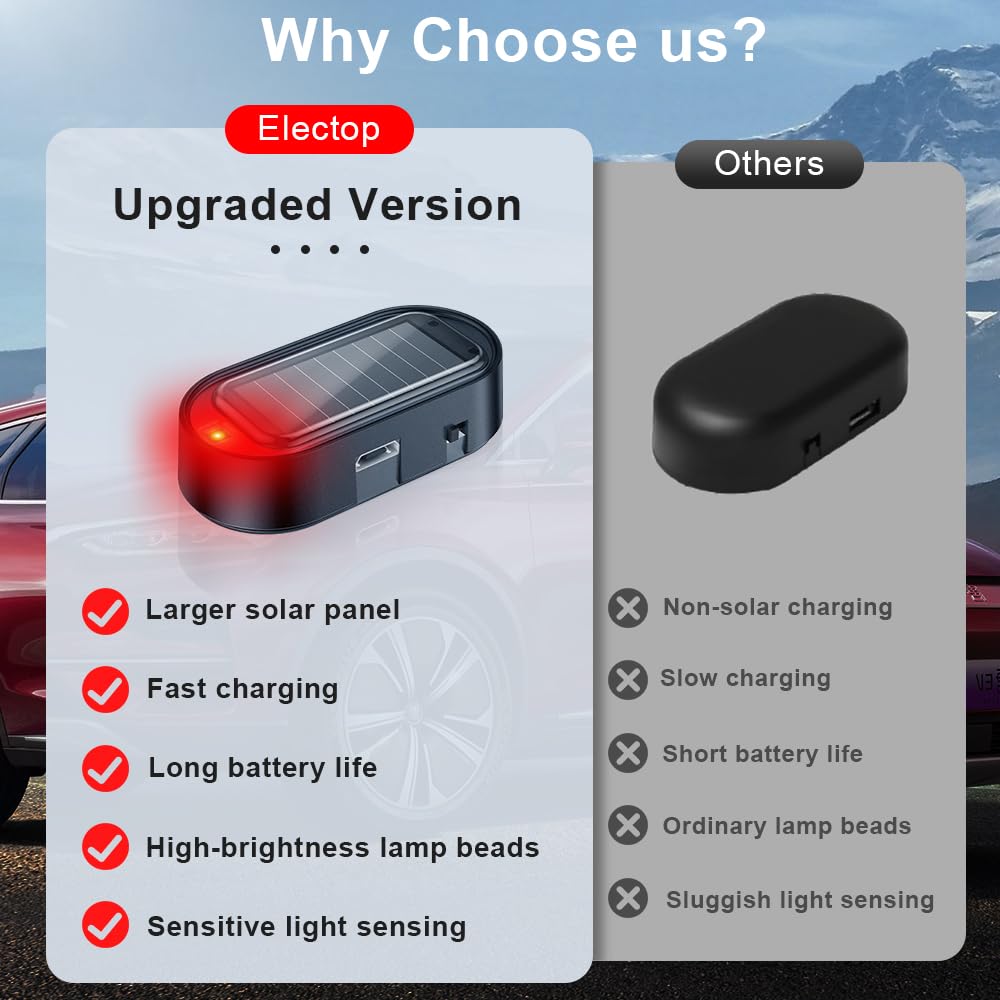 ELECTOP Solar Fake Car Alarm LED Light - Anti-Theft Security with USB Charging (4PCS, Red) for Vehicle Safety